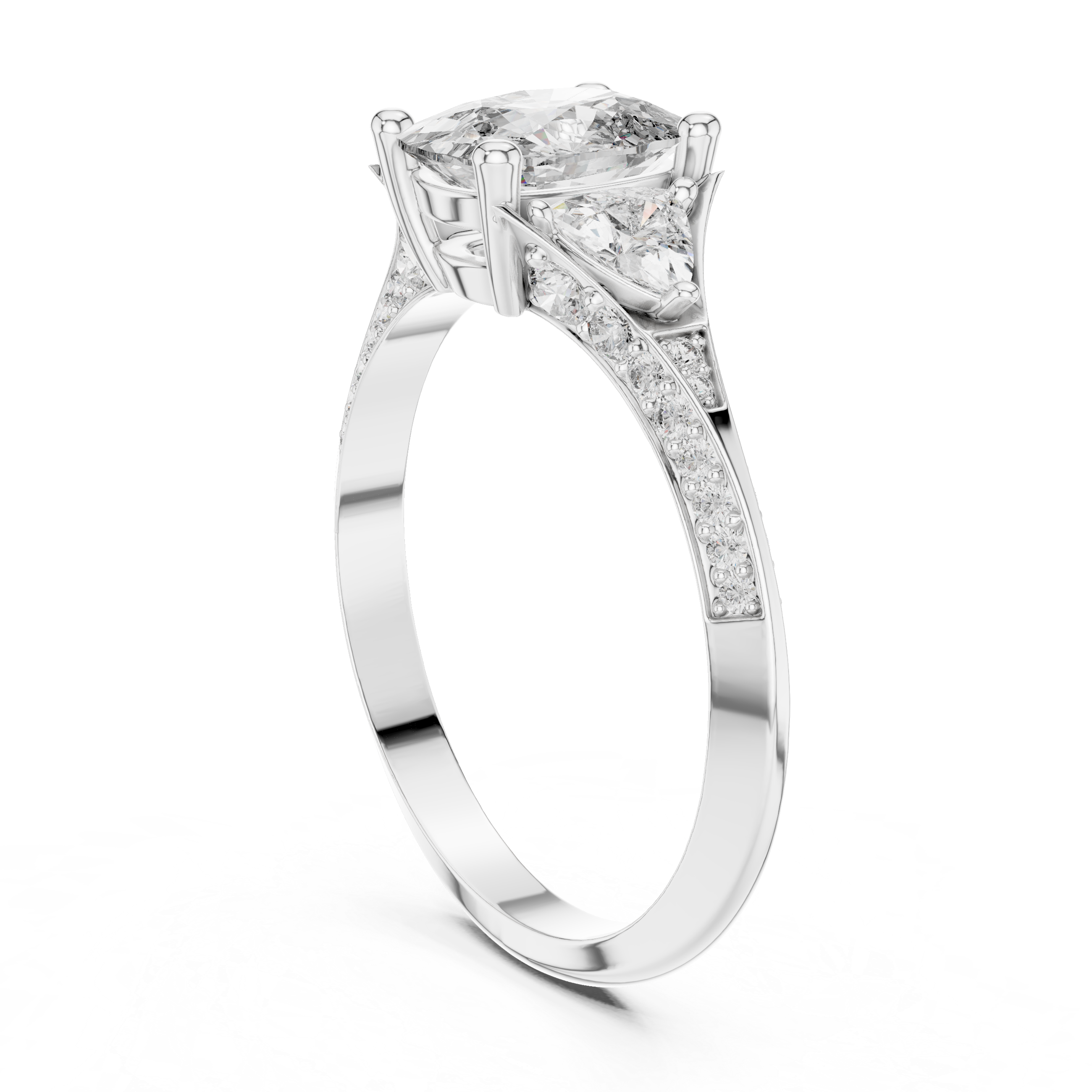 Cushion Cut Three Stone Engagement Ring with Trillion Side Diamonds