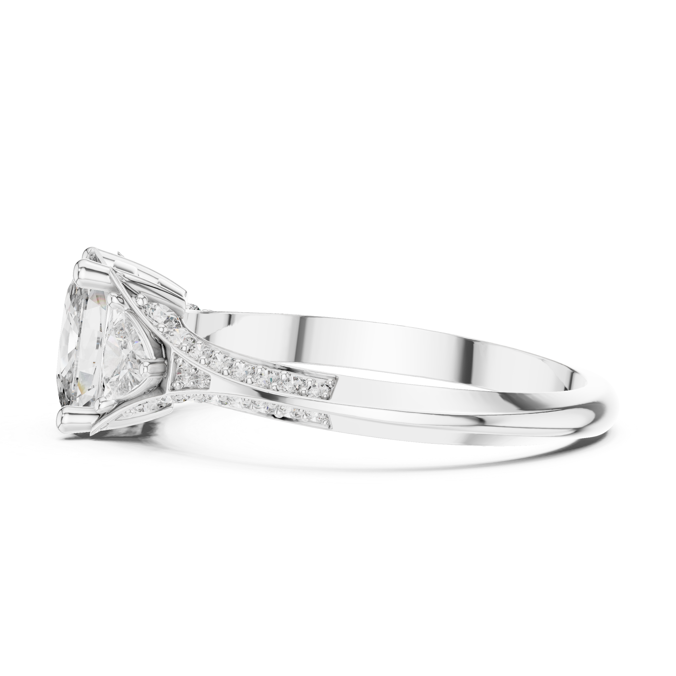 Cushion Cut Three Stone Engagement Ring with Trillion Side Diamonds