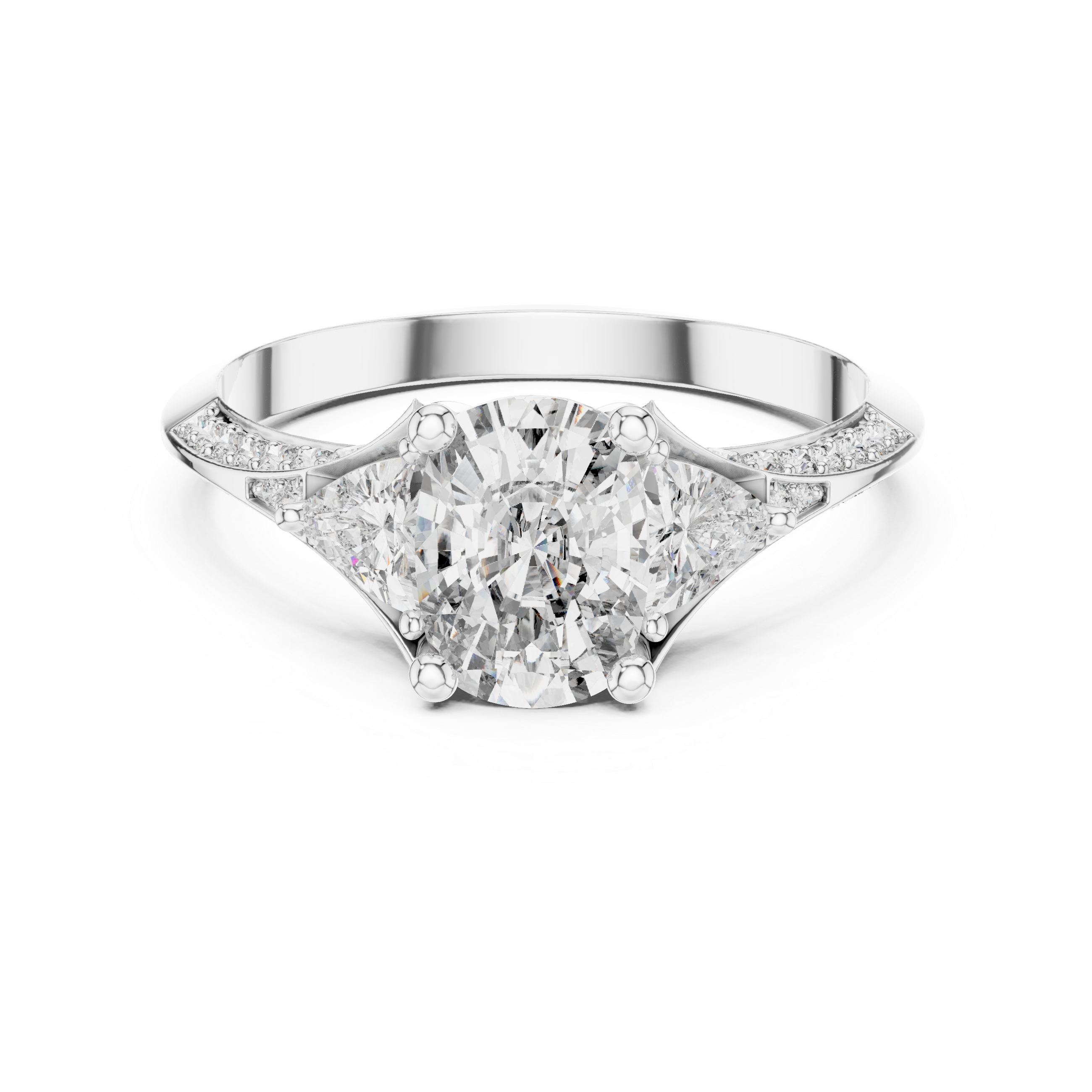 Cushion Cut Three Stone Engagement Ring with Trillion Side Diamonds