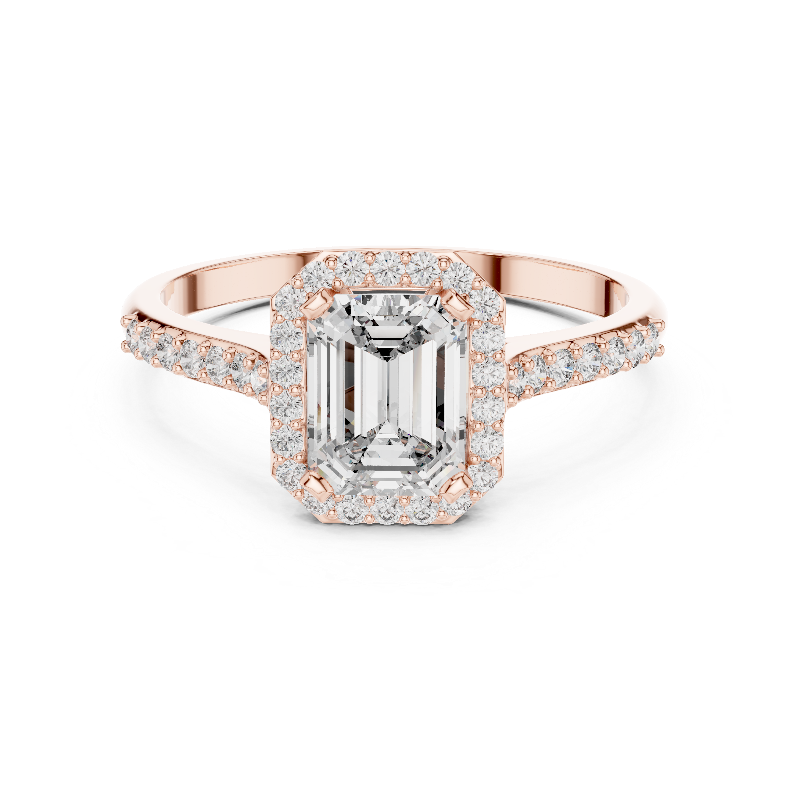 Emerald Cut Halo Engagement Ring with Pavé Diamond Band