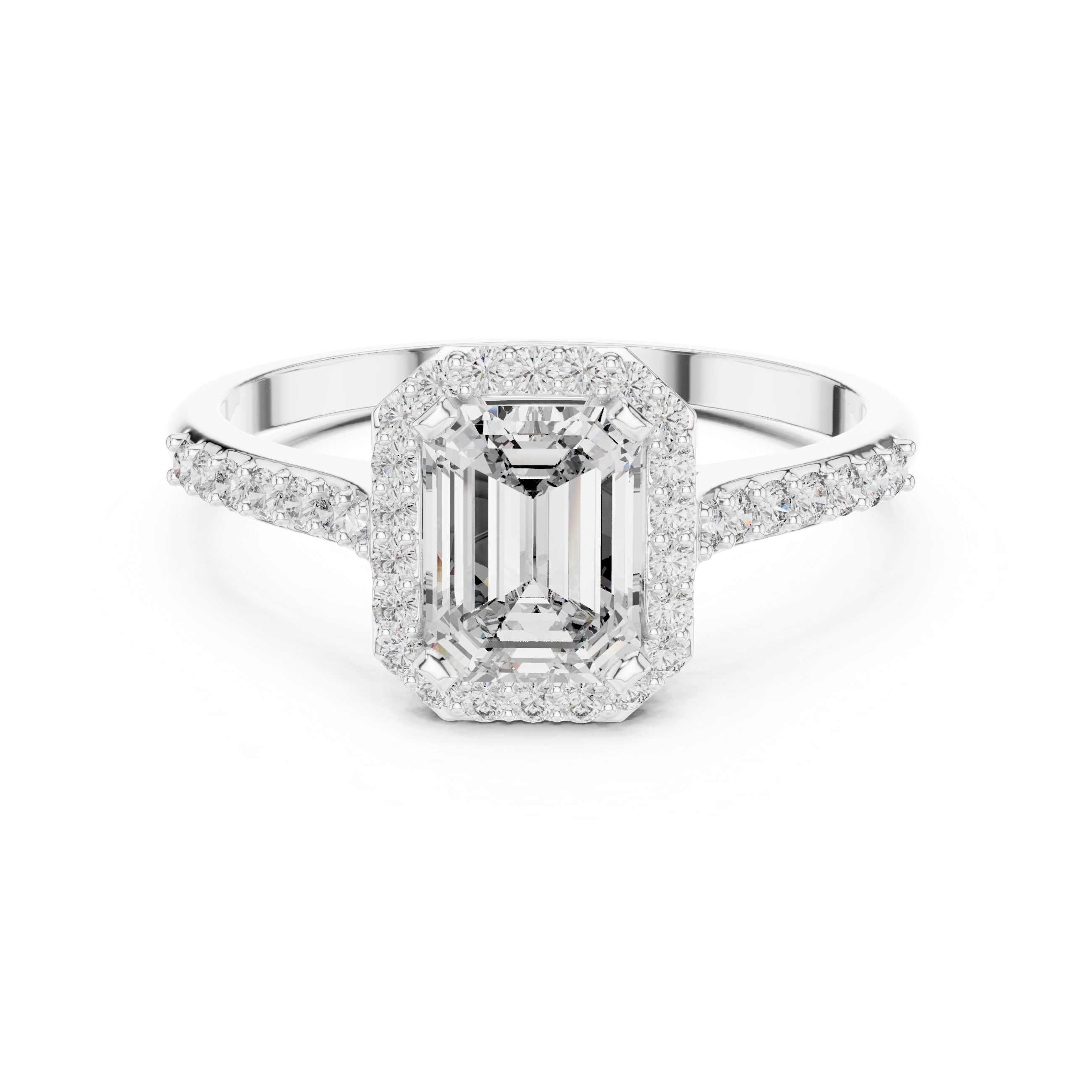 Emerald Cut Halo Engagement Ring with Pavé Diamond Band