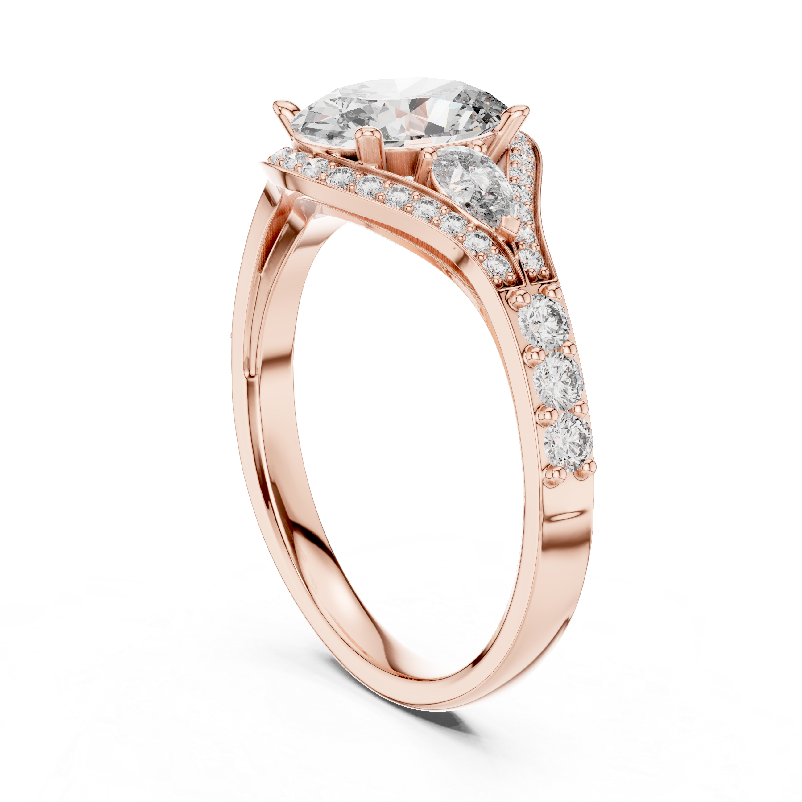 Oval Halo Engagement Ring with Pear Side Stones and Triple Pavé Split Shank