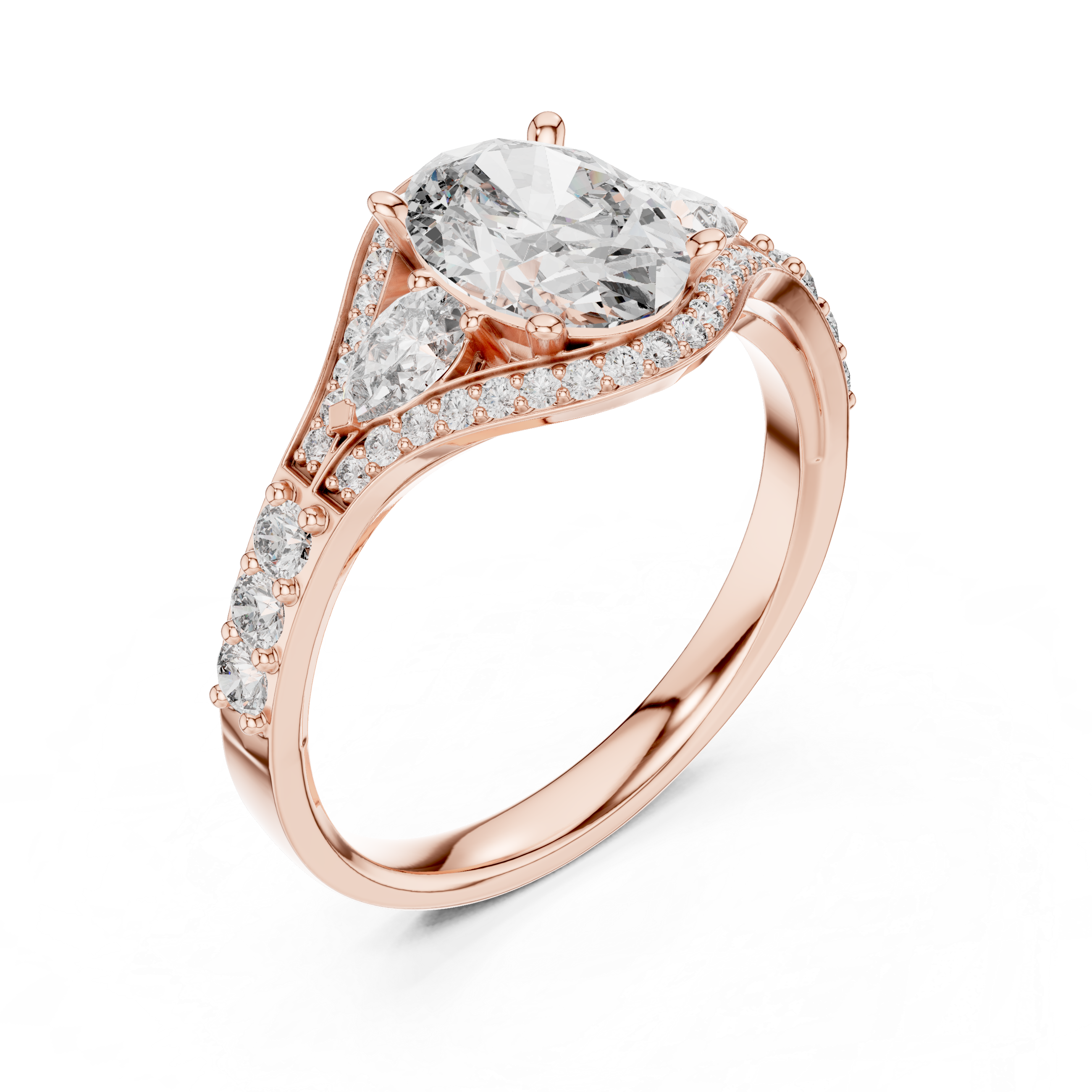 Oval Halo Engagement Ring with Pear Side Stones and Triple Pavé Split Shank