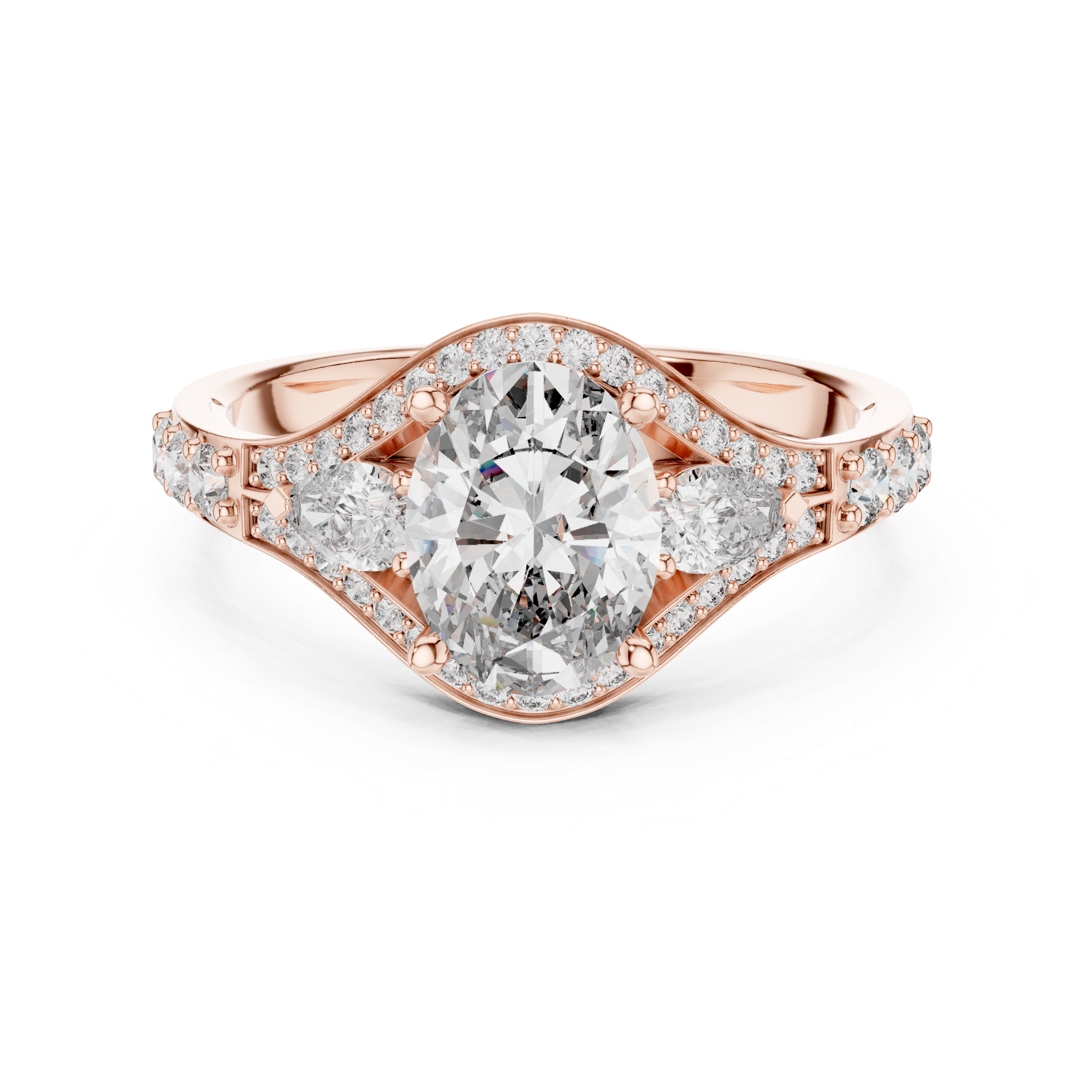 Oval Halo Engagement Ring with Pear Side Stones and Triple Pavé Split Shank