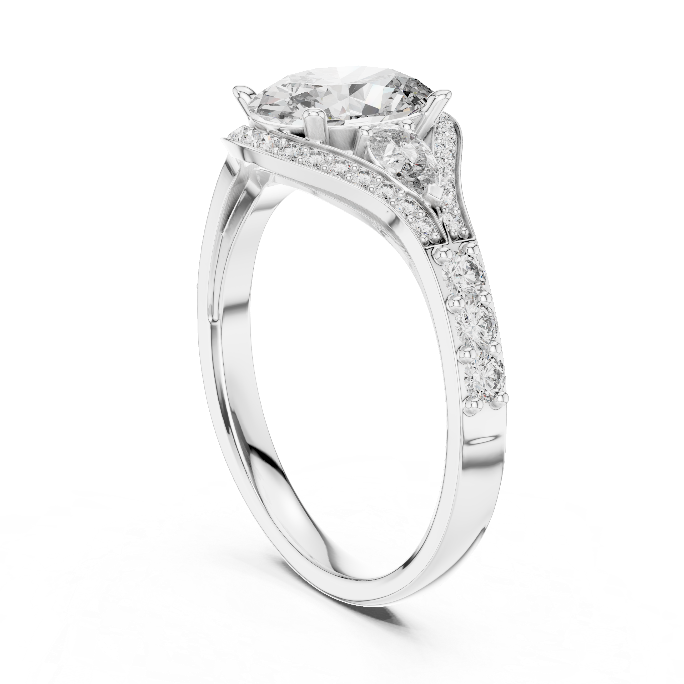 Oval Halo Engagement Ring with Pear Side Stones and Triple Pavé Split Shank