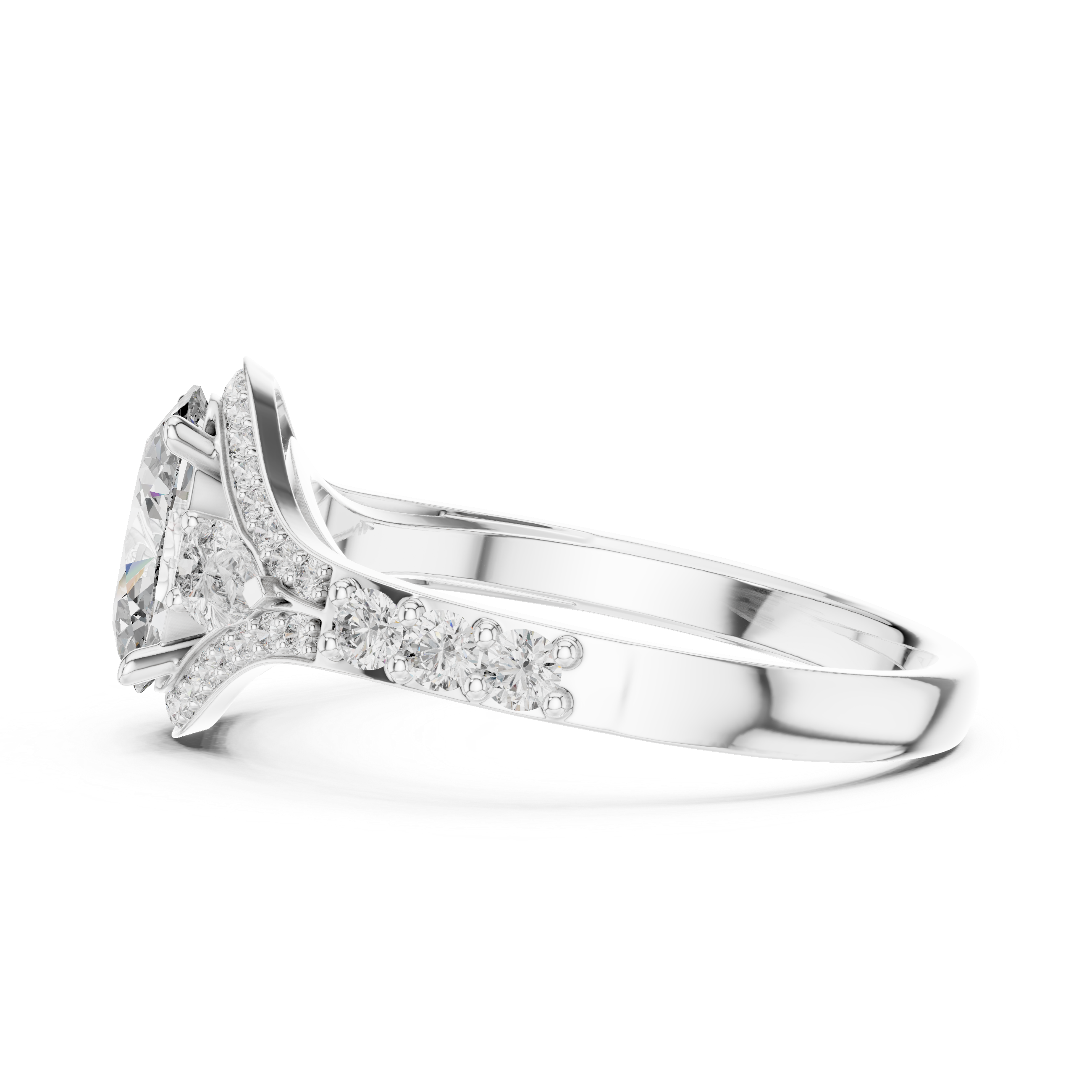 Oval Halo Engagement Ring with Pear Side Stones and Triple Pavé Split Shank