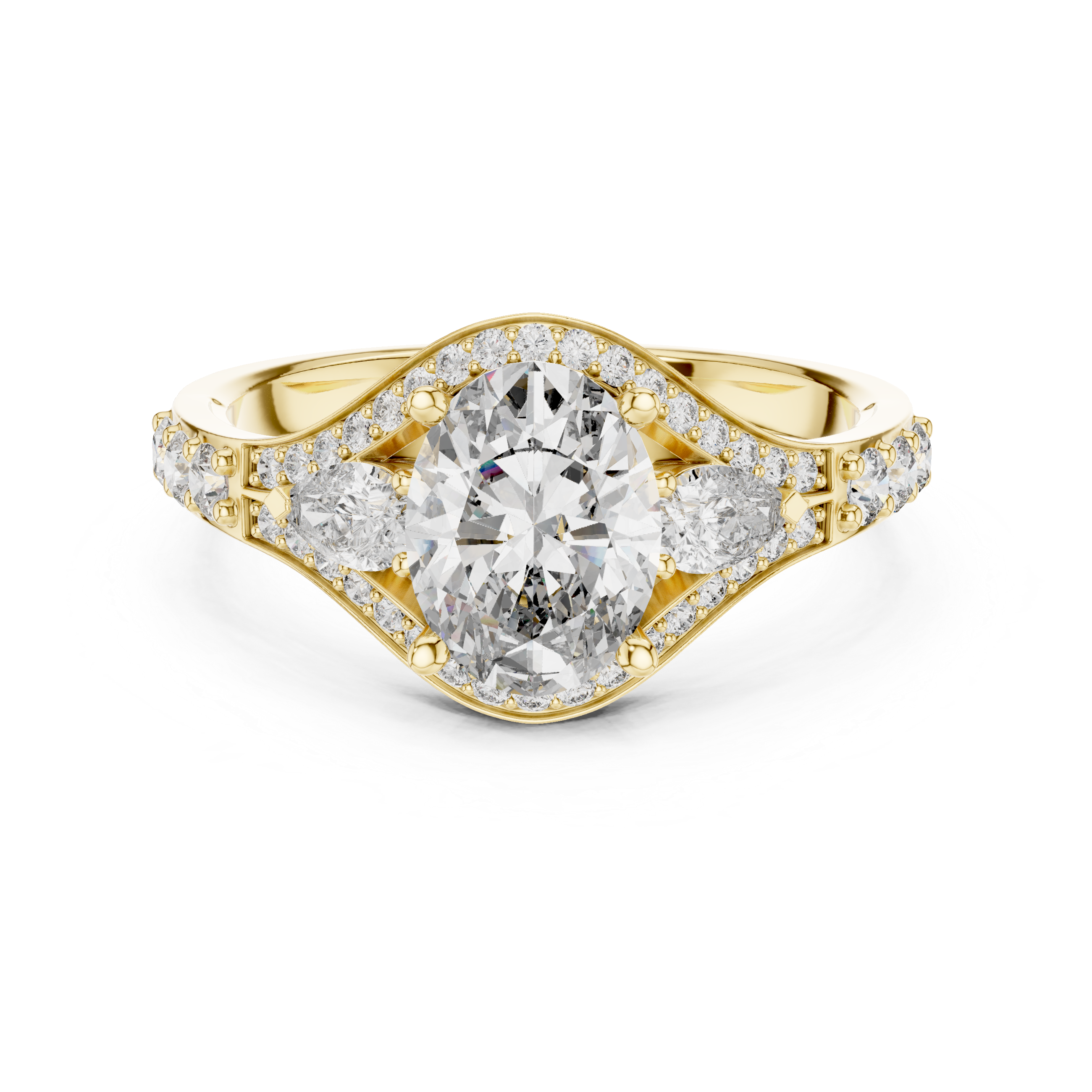 Oval Halo Engagement Ring with Pear Side Stones and Triple Pavé Split Shank