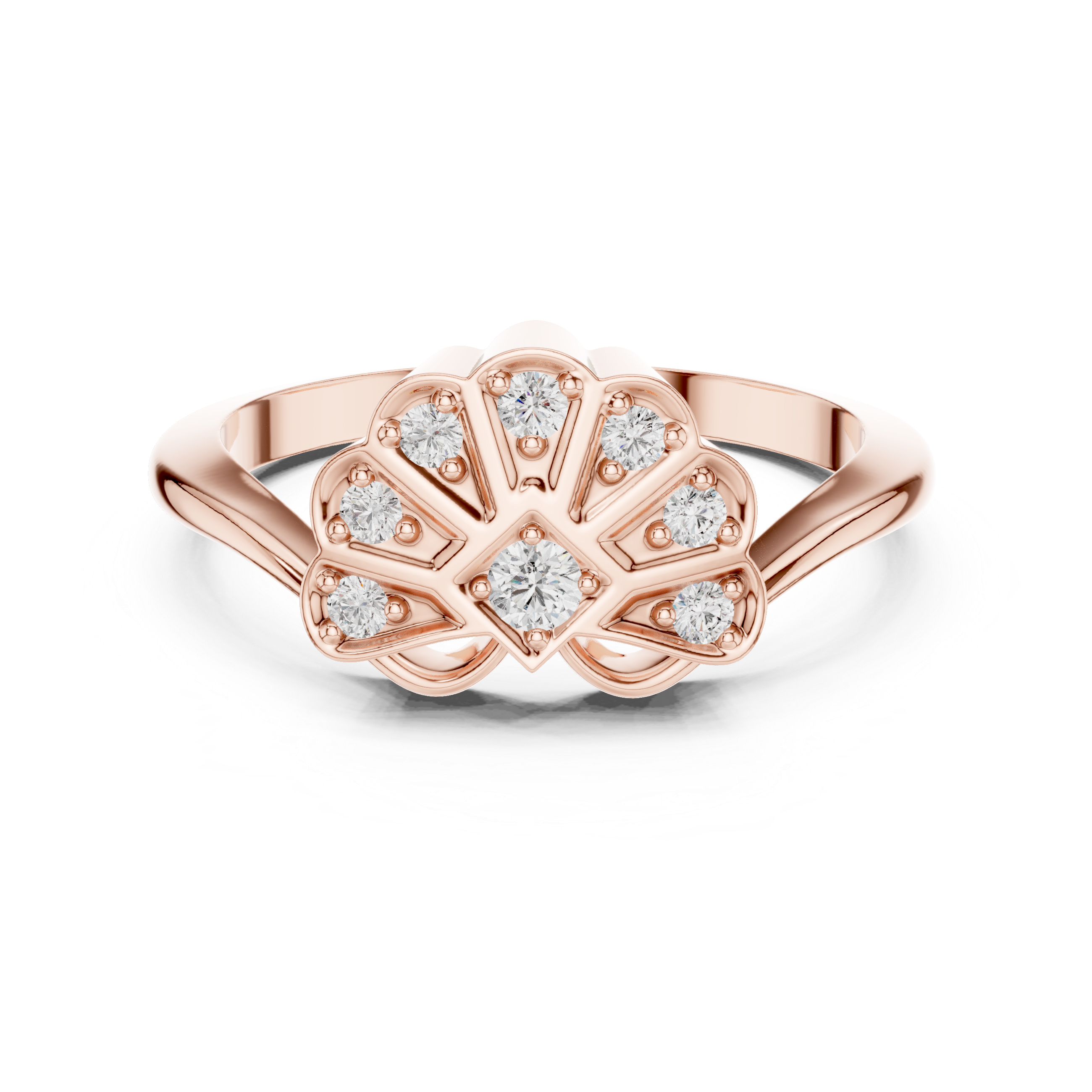 Vintage Fan Motif Diamond Ring with Geometric Pavé Cluster Design