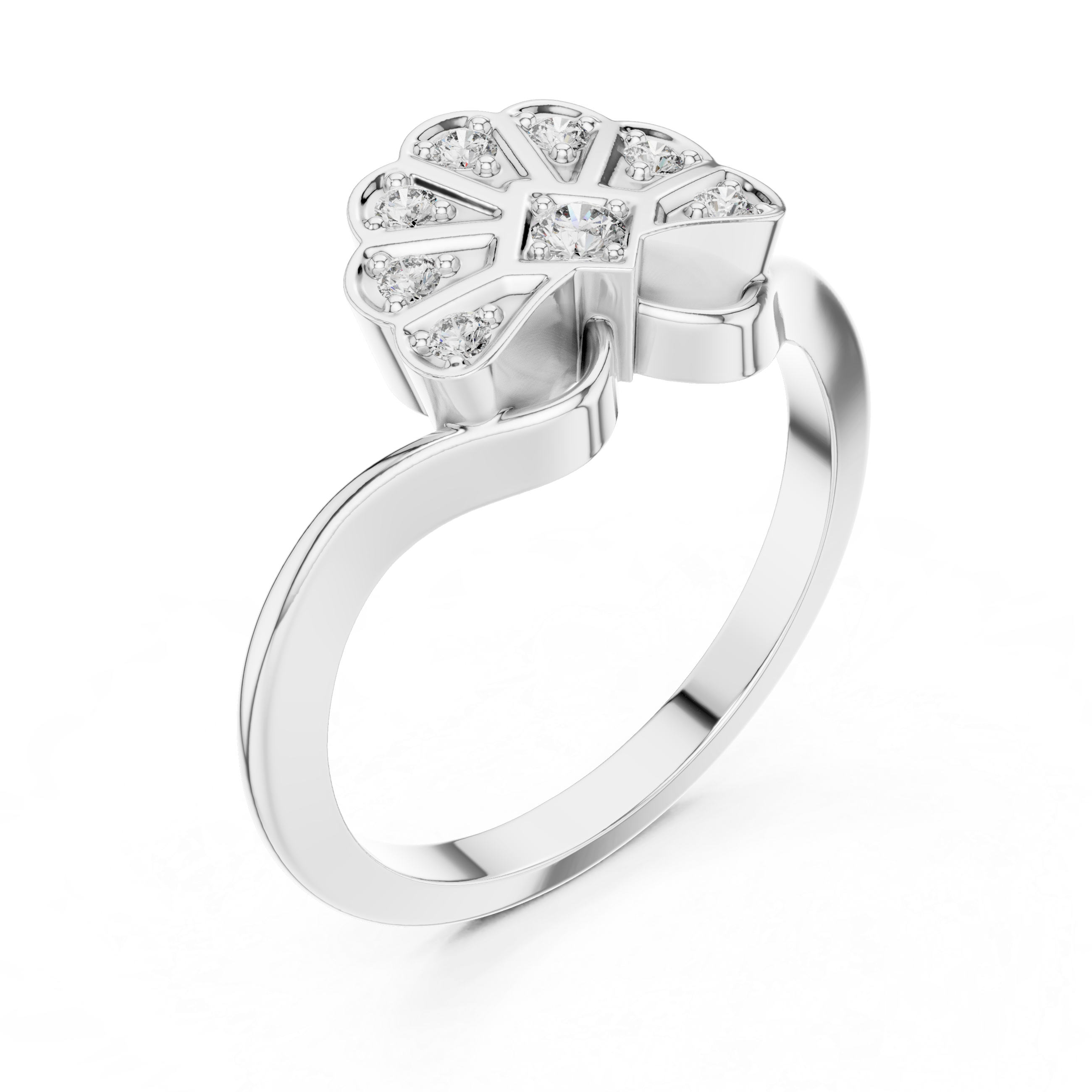 Vintage Fan Motif Diamond Ring with Geometric Pavé Cluster Design