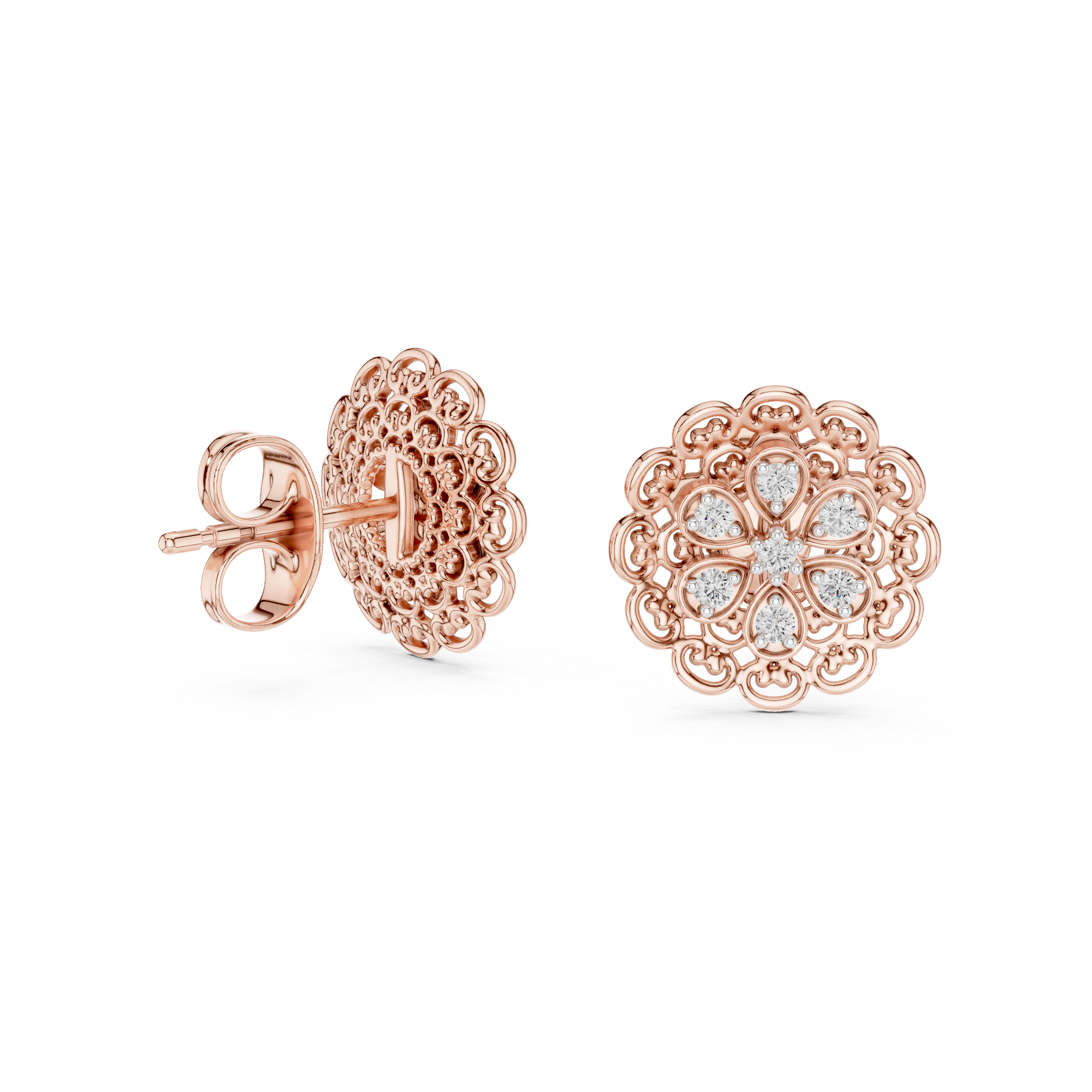Vintage Floral Diamond Filigree Gold Stud Earrings