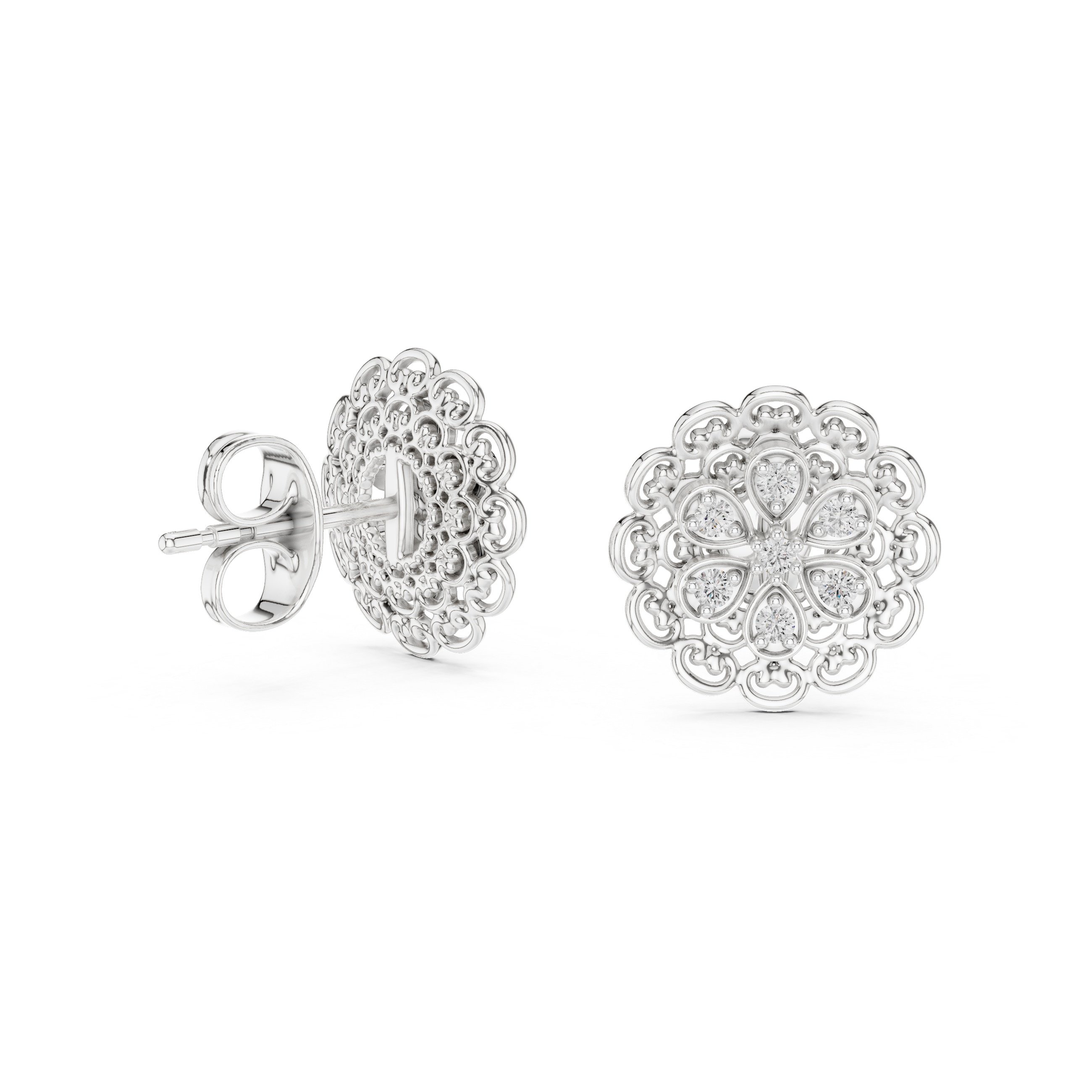 Vintage Floral Diamond Filigree Gold Stud Earrings
