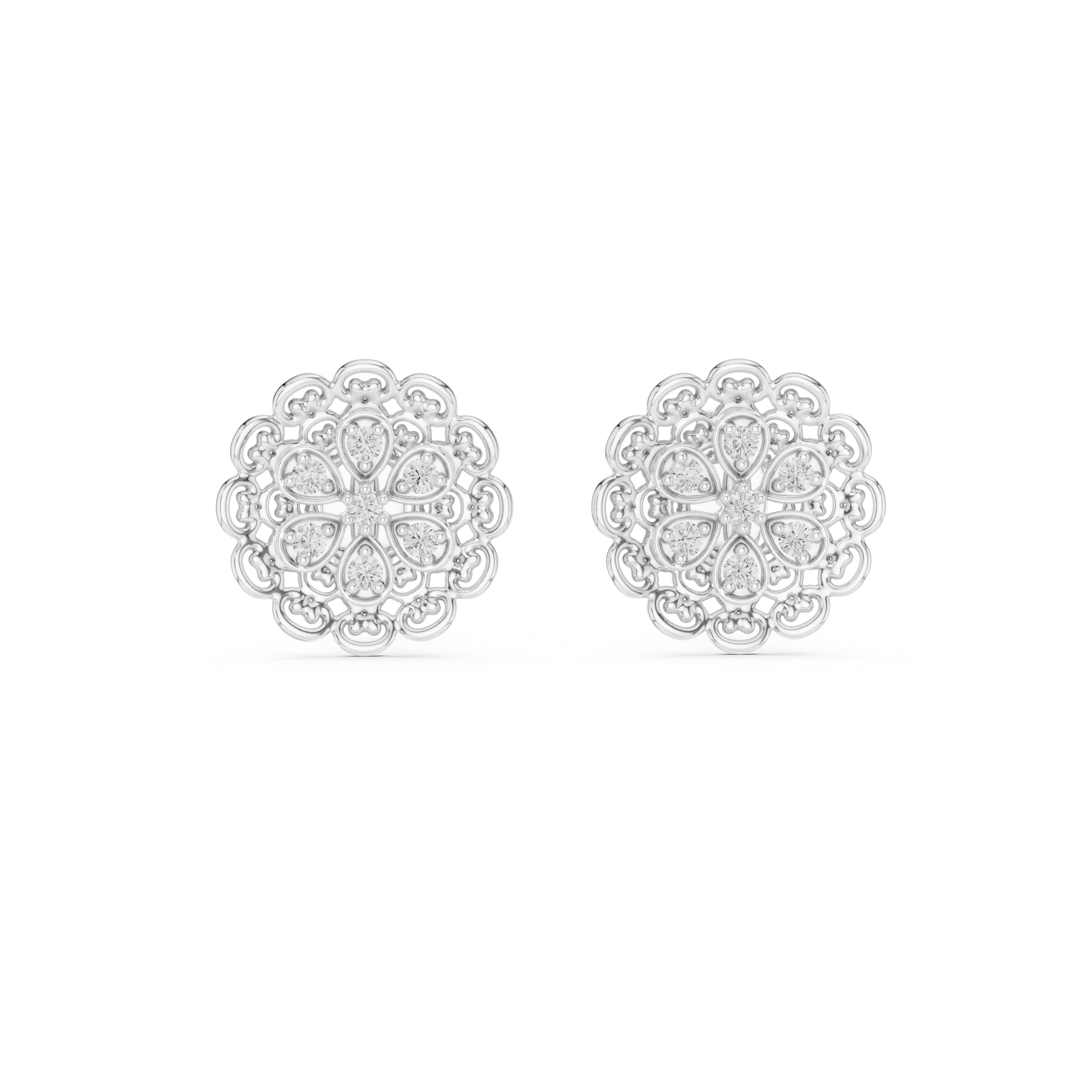 Vintage Floral Diamond Filigree Gold Stud Earrings