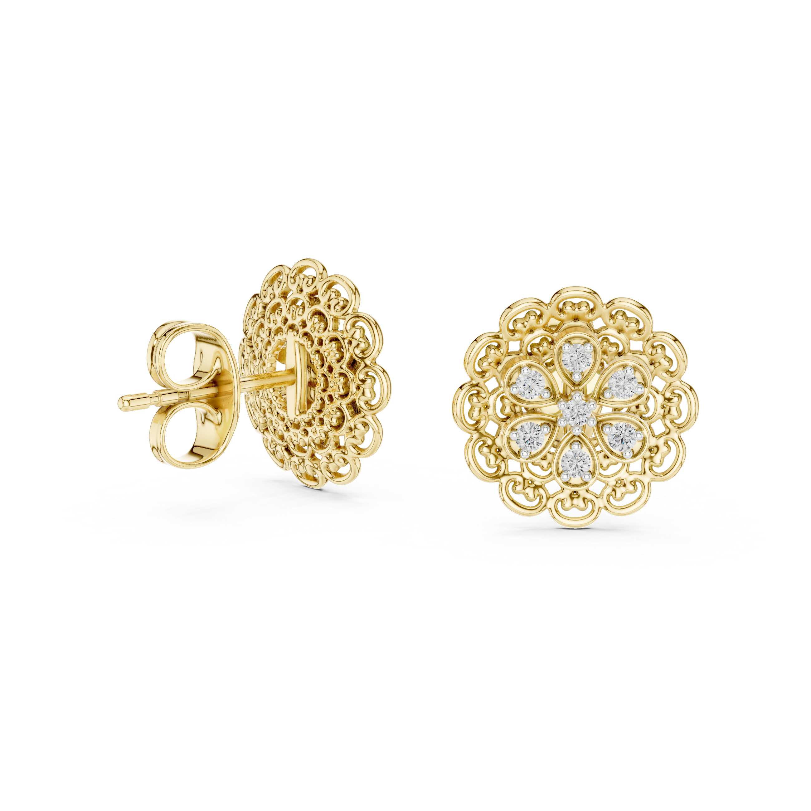 Vintage Floral Diamond Filigree Gold Stud Earrings