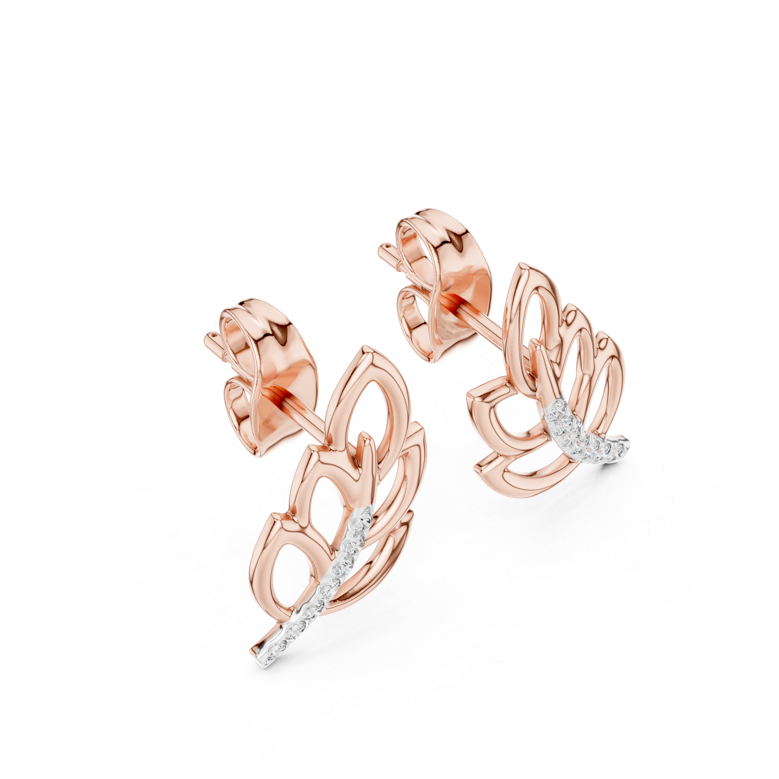 Leaf-Inspired Diamond Curve Gold Stud Earrings