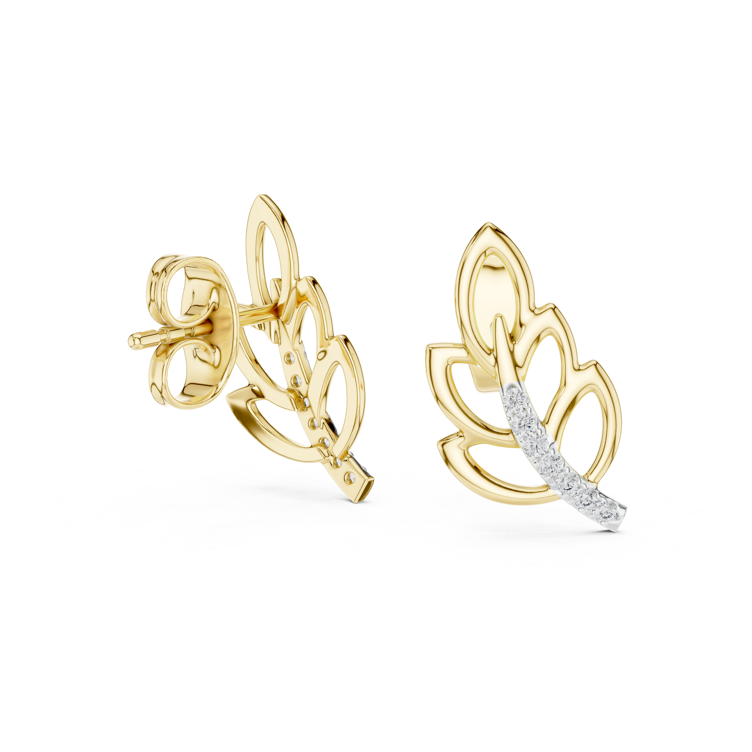 Leaf-Inspired Diamond Curve Gold Stud Earrings