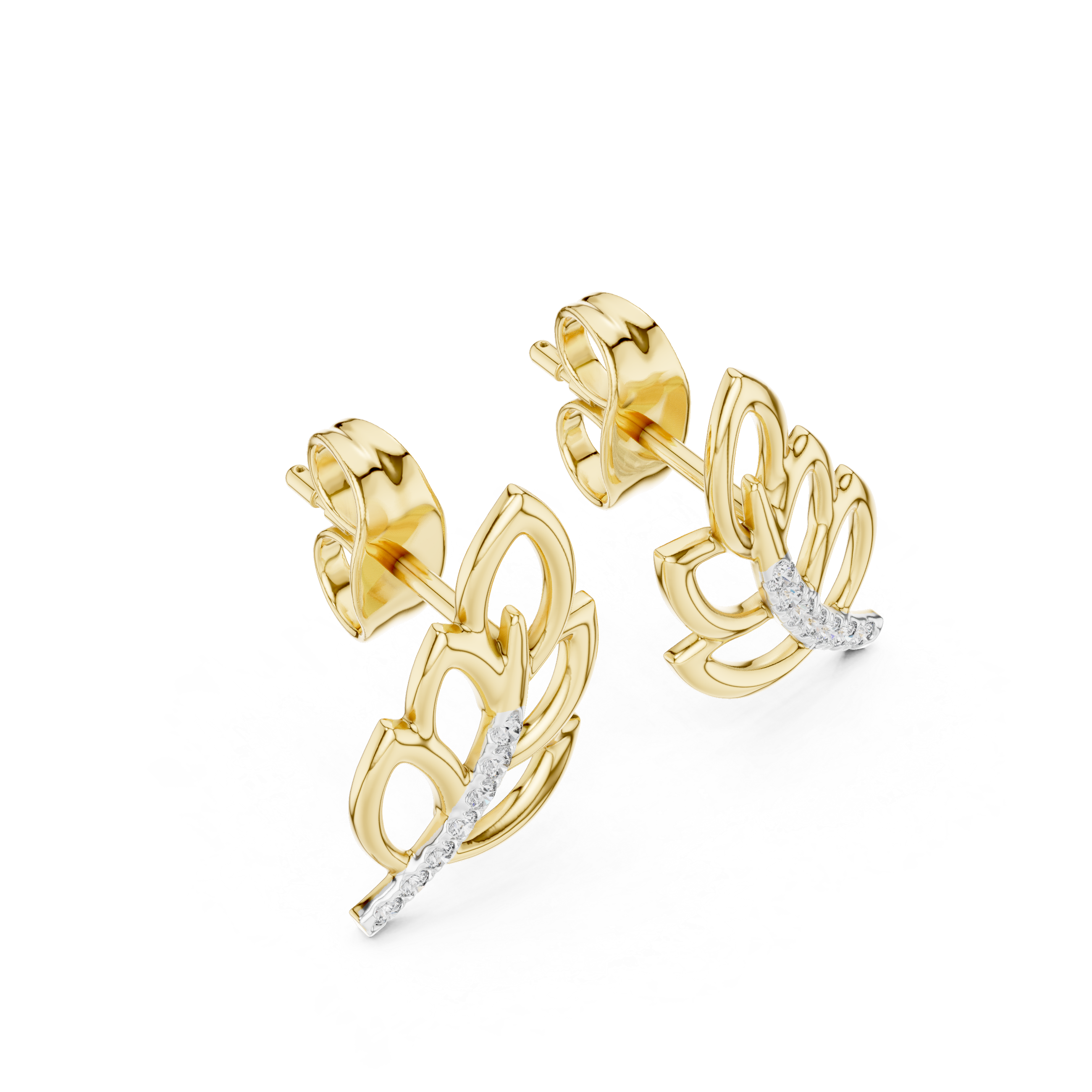 Leaf-Inspired Diamond Curve Gold Stud Earrings
