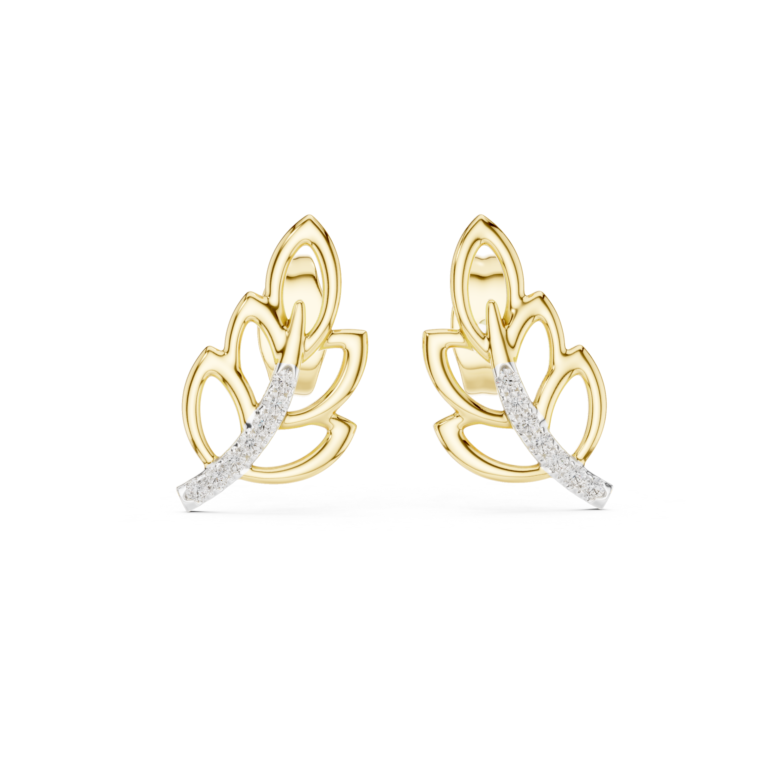Leaf-Inspired Diamond Curve Gold Stud Earrings