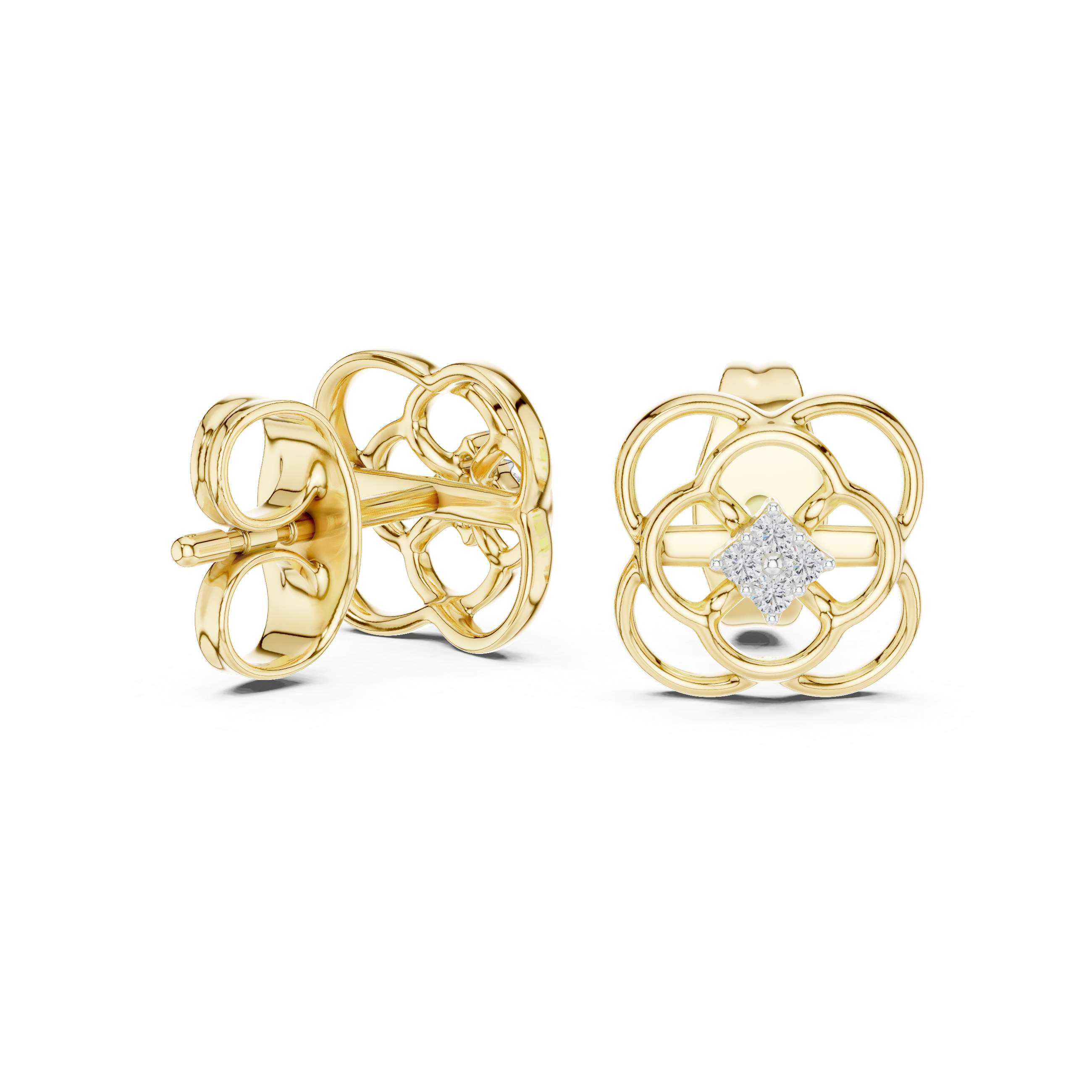 Floral Diamond Cluster Gold Stud Earrings