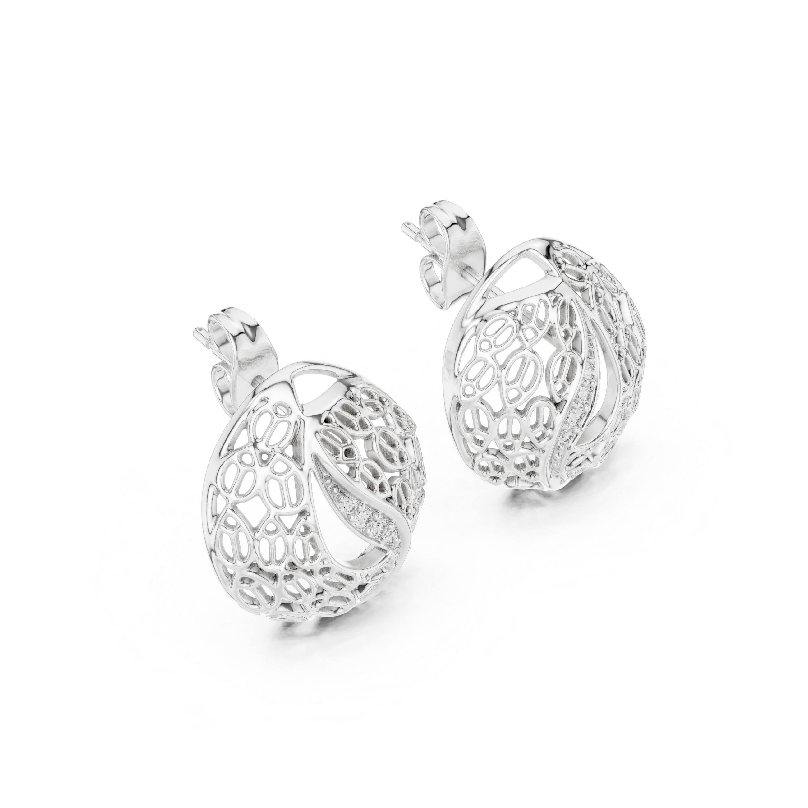 Modern Filigree Dome Diamond Stud Earrings