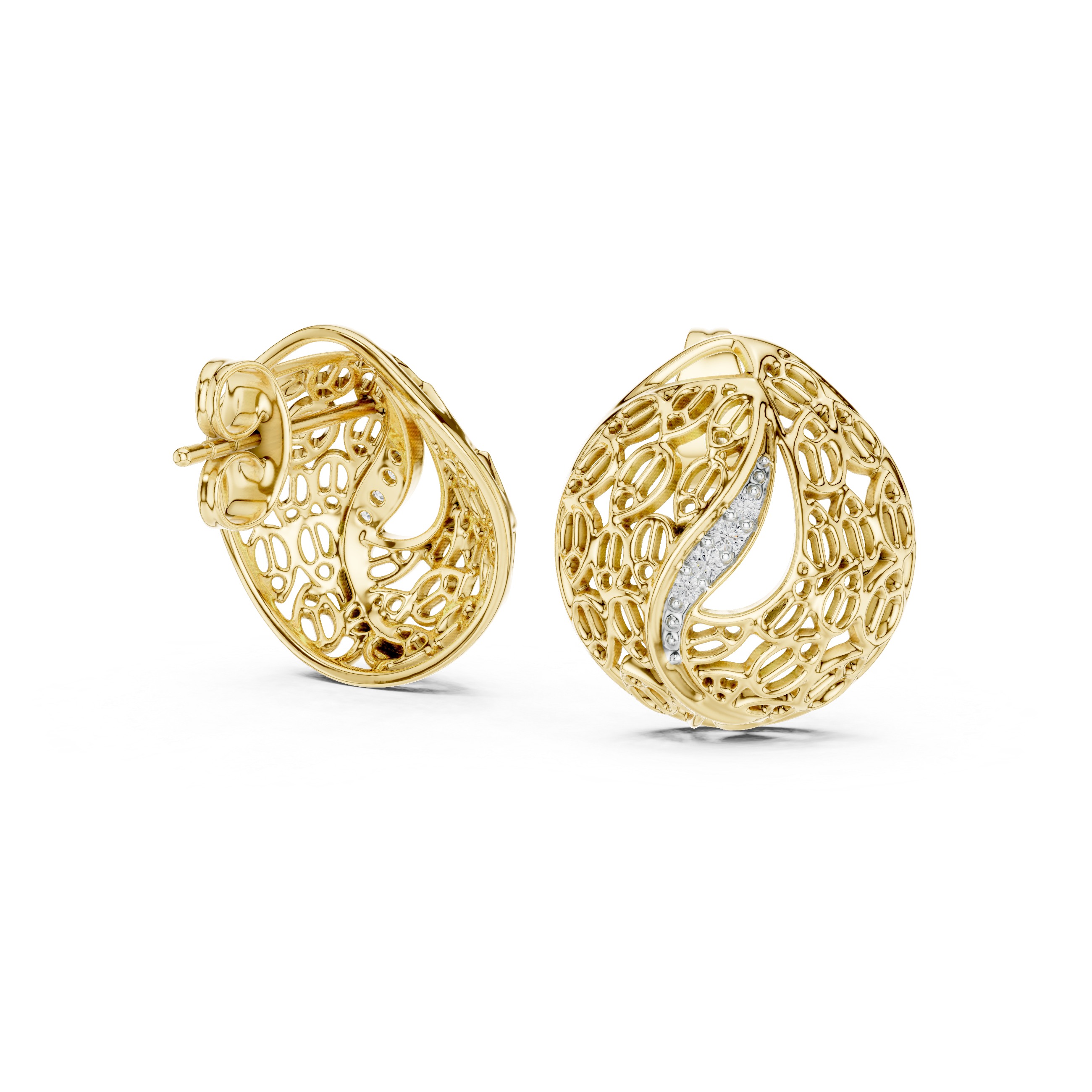Modern Filigree Dome Diamond Stud Earrings