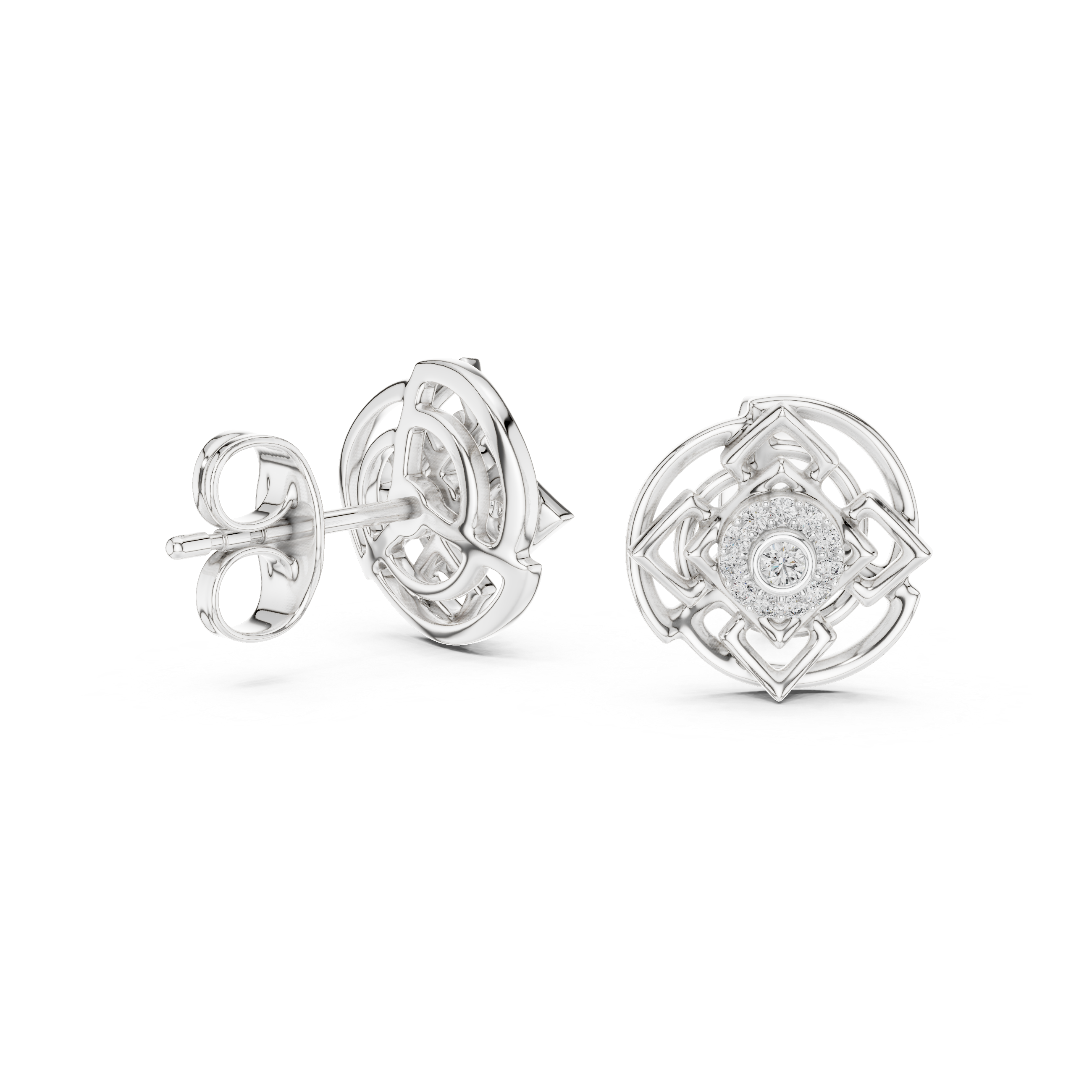 Geometric Halo Diamond Stud Earrings