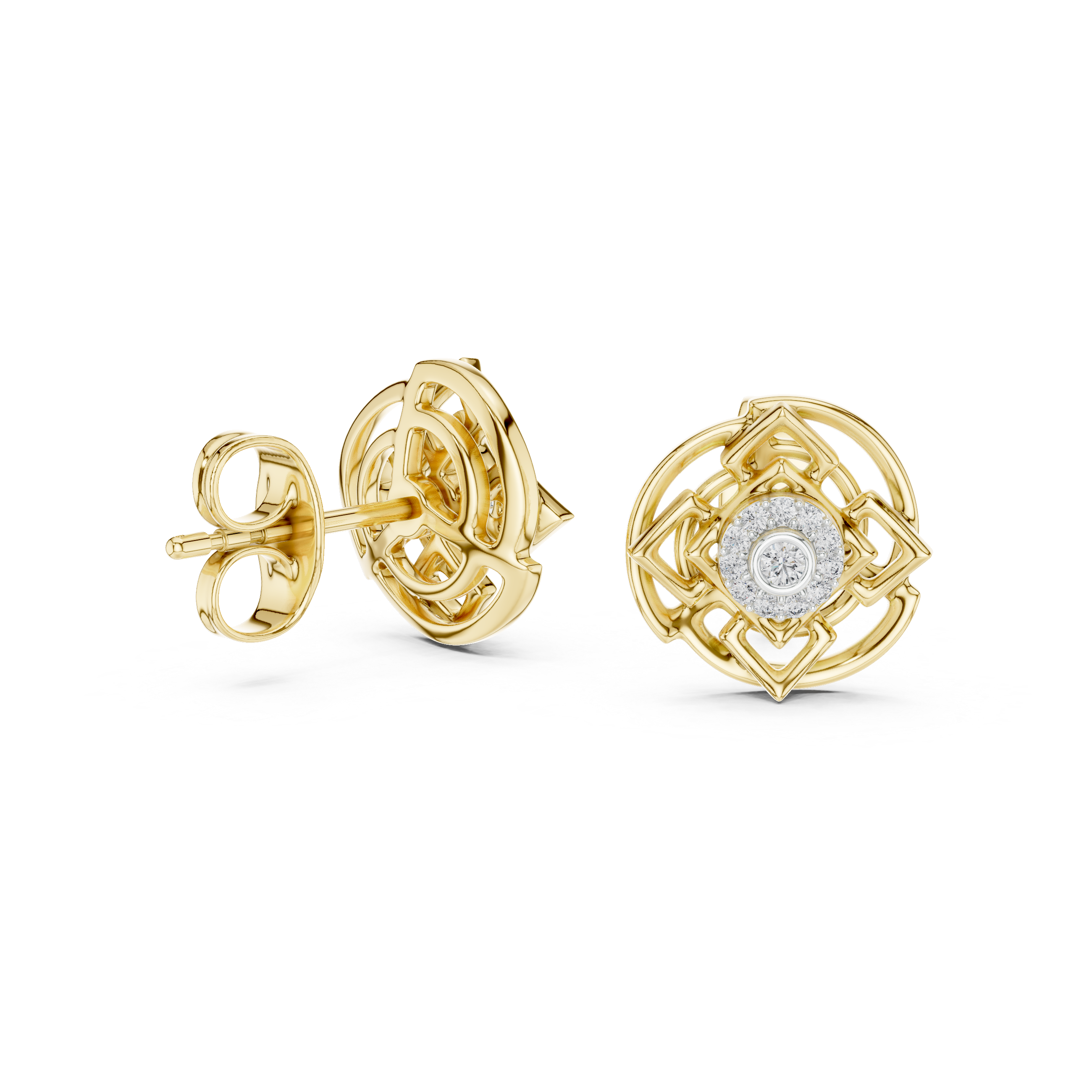 Geometric Halo Diamond Stud Earrings