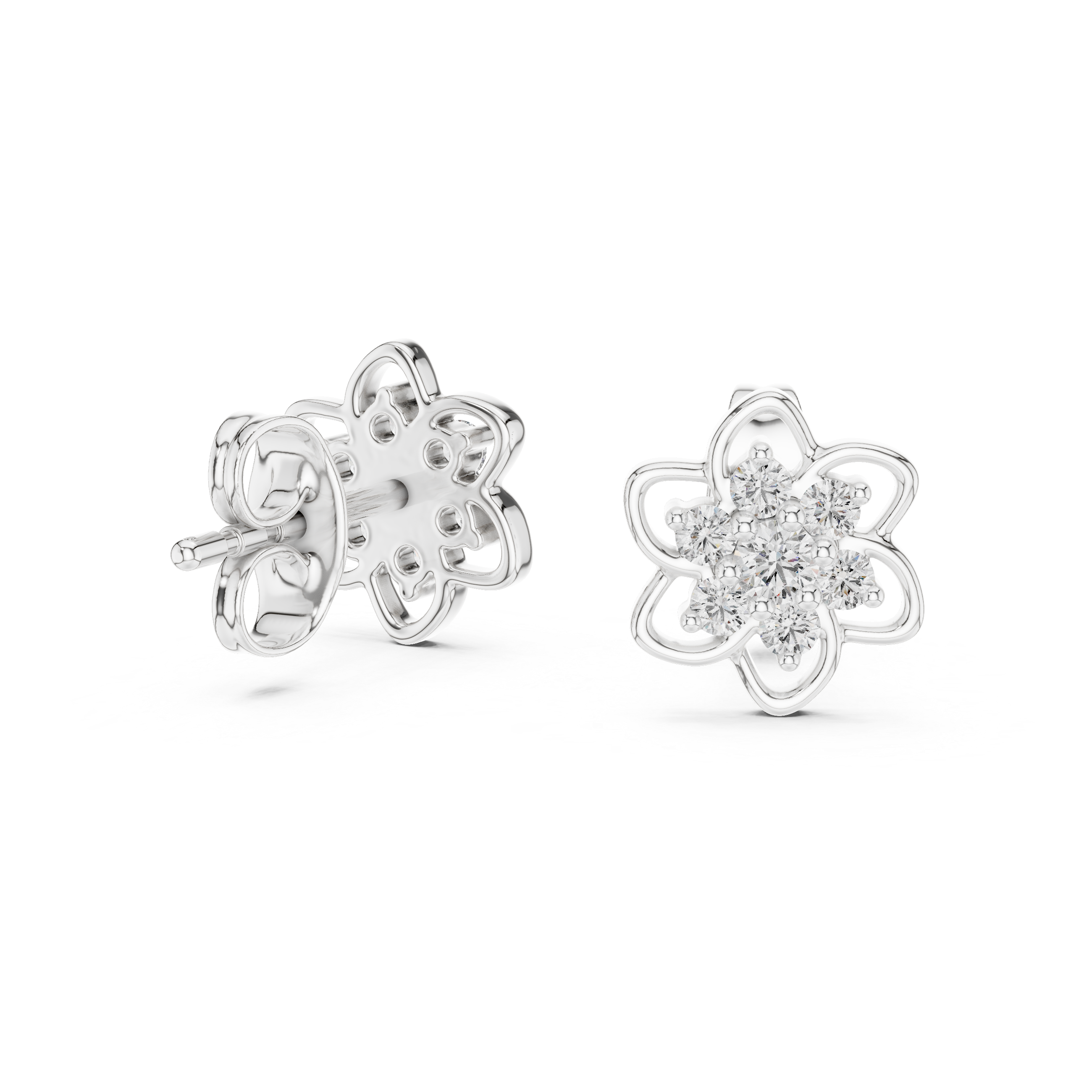 Open Floral Diamond Cluster Stud Earrings