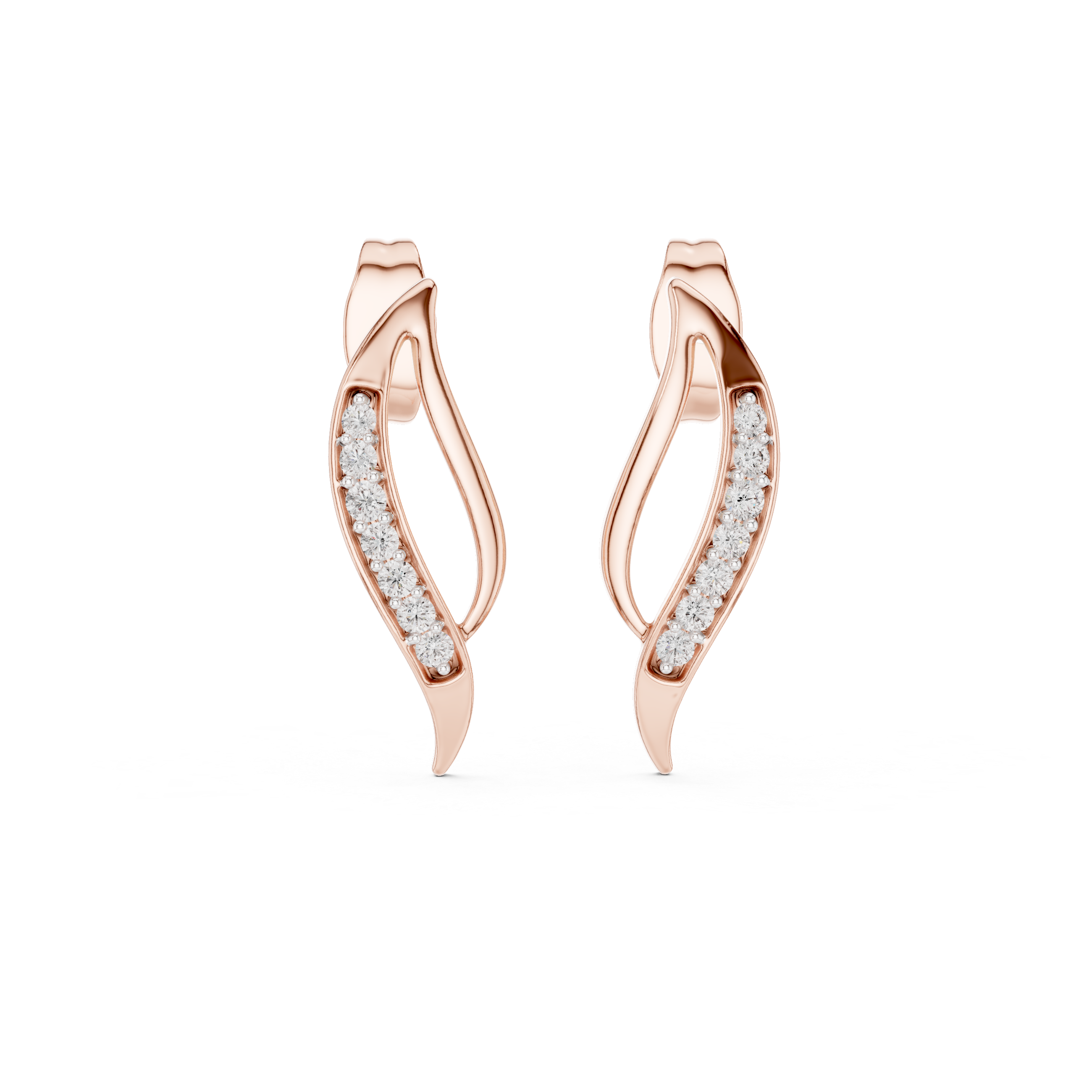 Curved Pavé Diamond Wave Stud Earrings in Gold
