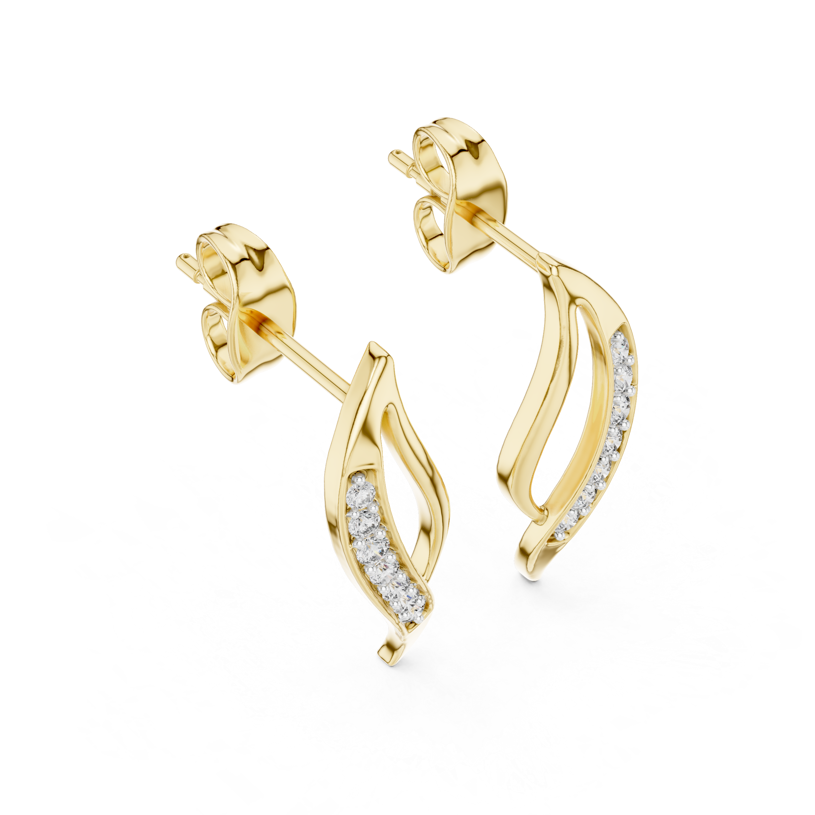 Curved Pavé Diamond Wave Stud Earrings in Gold
