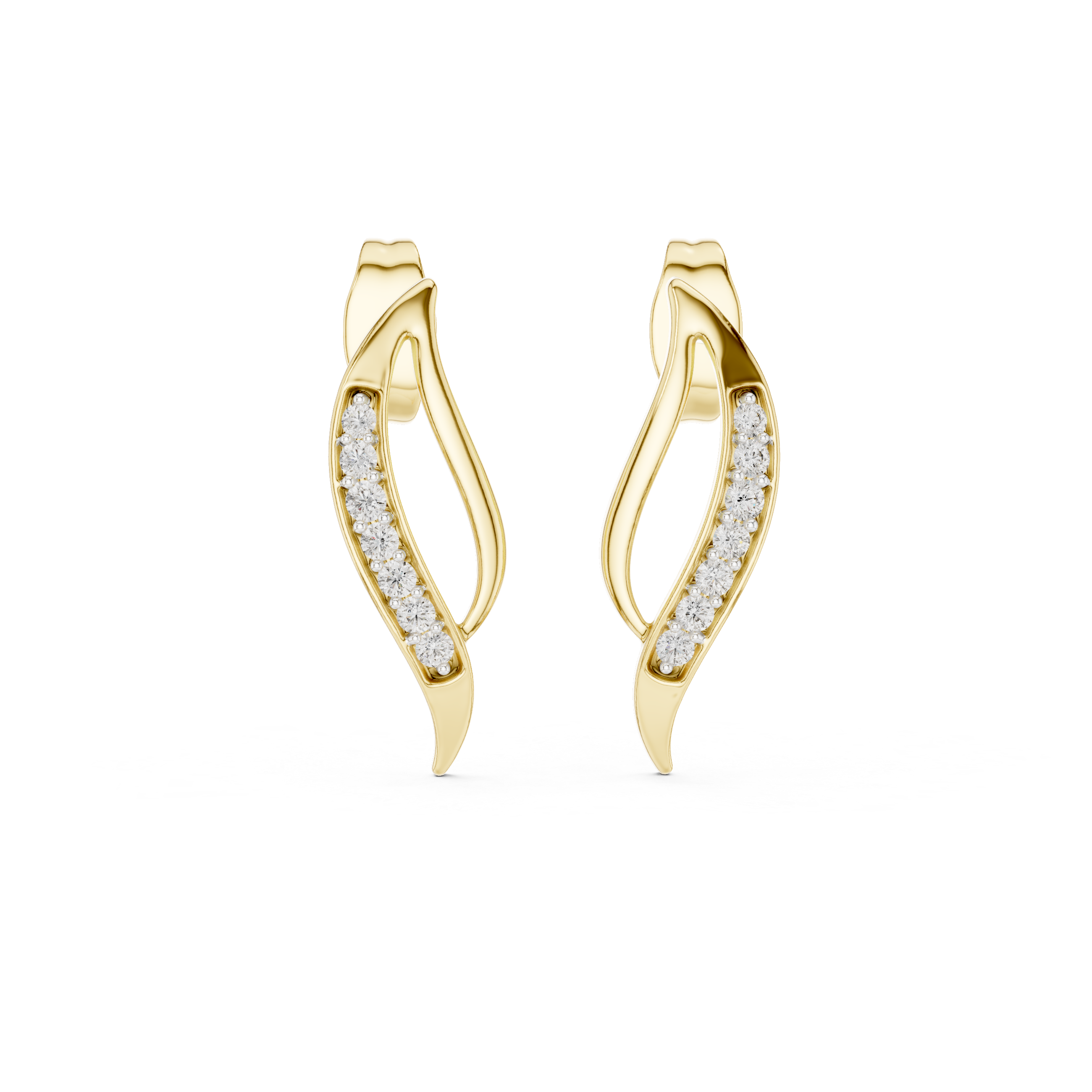 Curved Pavé Diamond Wave Stud Earrings in Gold