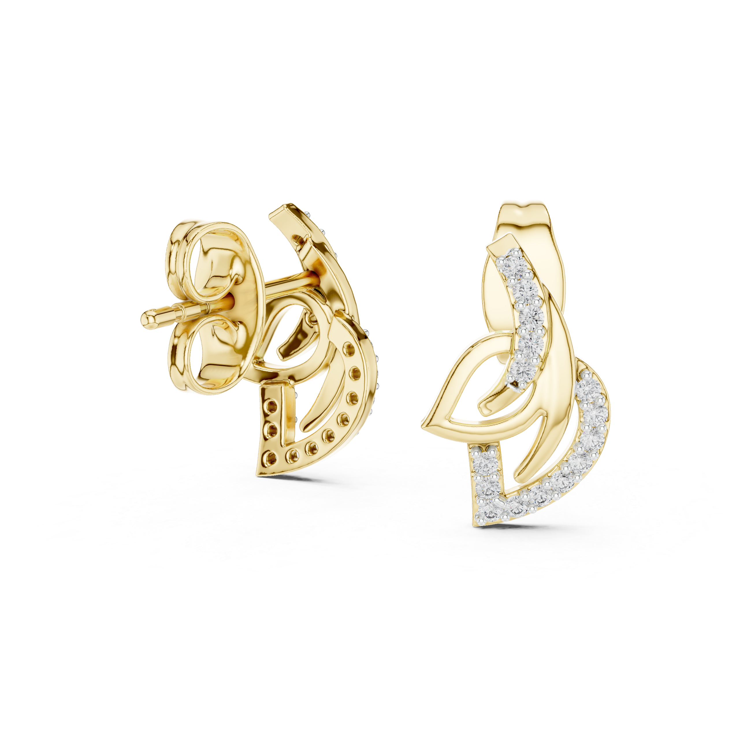 Modern Leaf Curve Diamond Stud Earrings in Gold