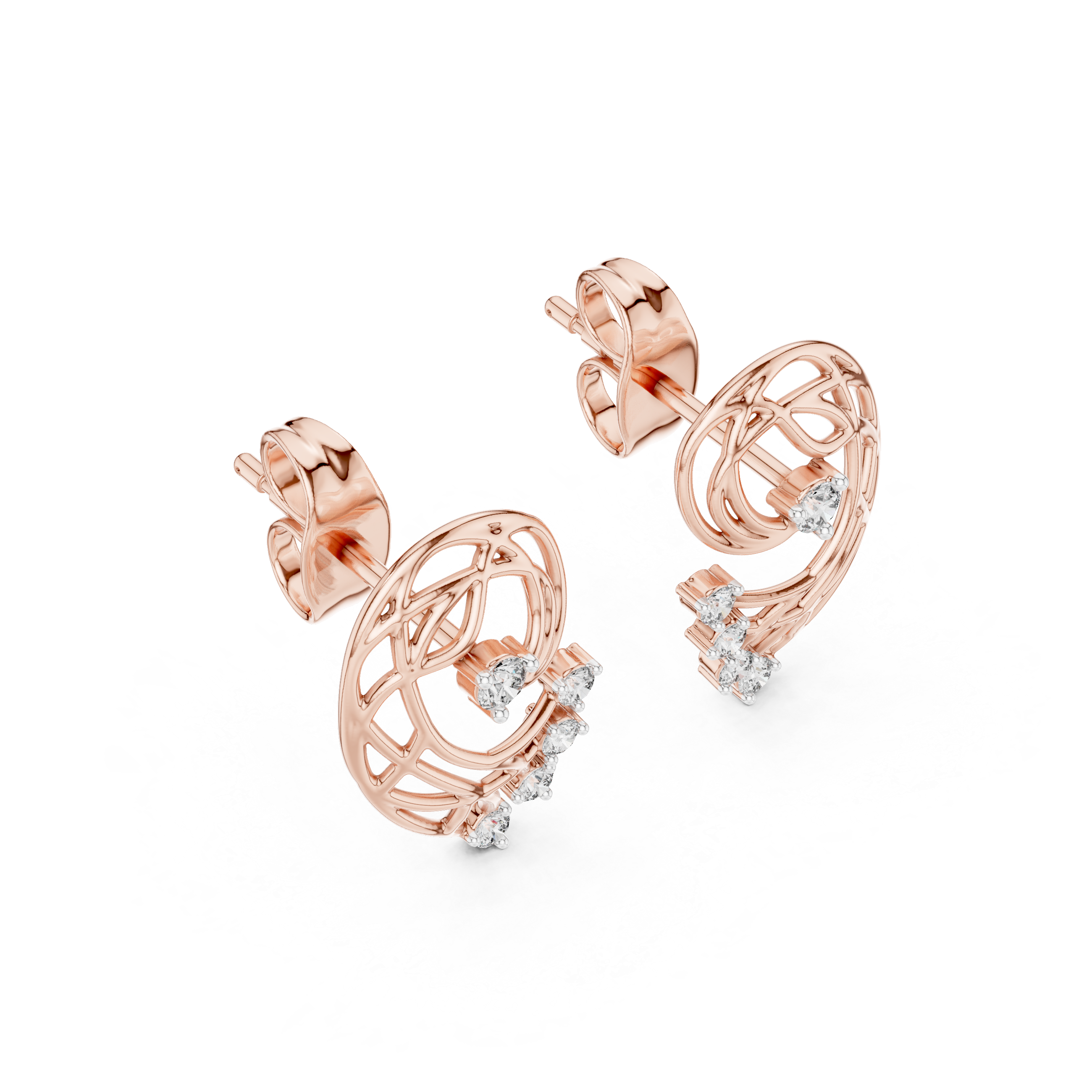 Abstract Swirl Diamond Stud Earrings with Openwork Gold Design