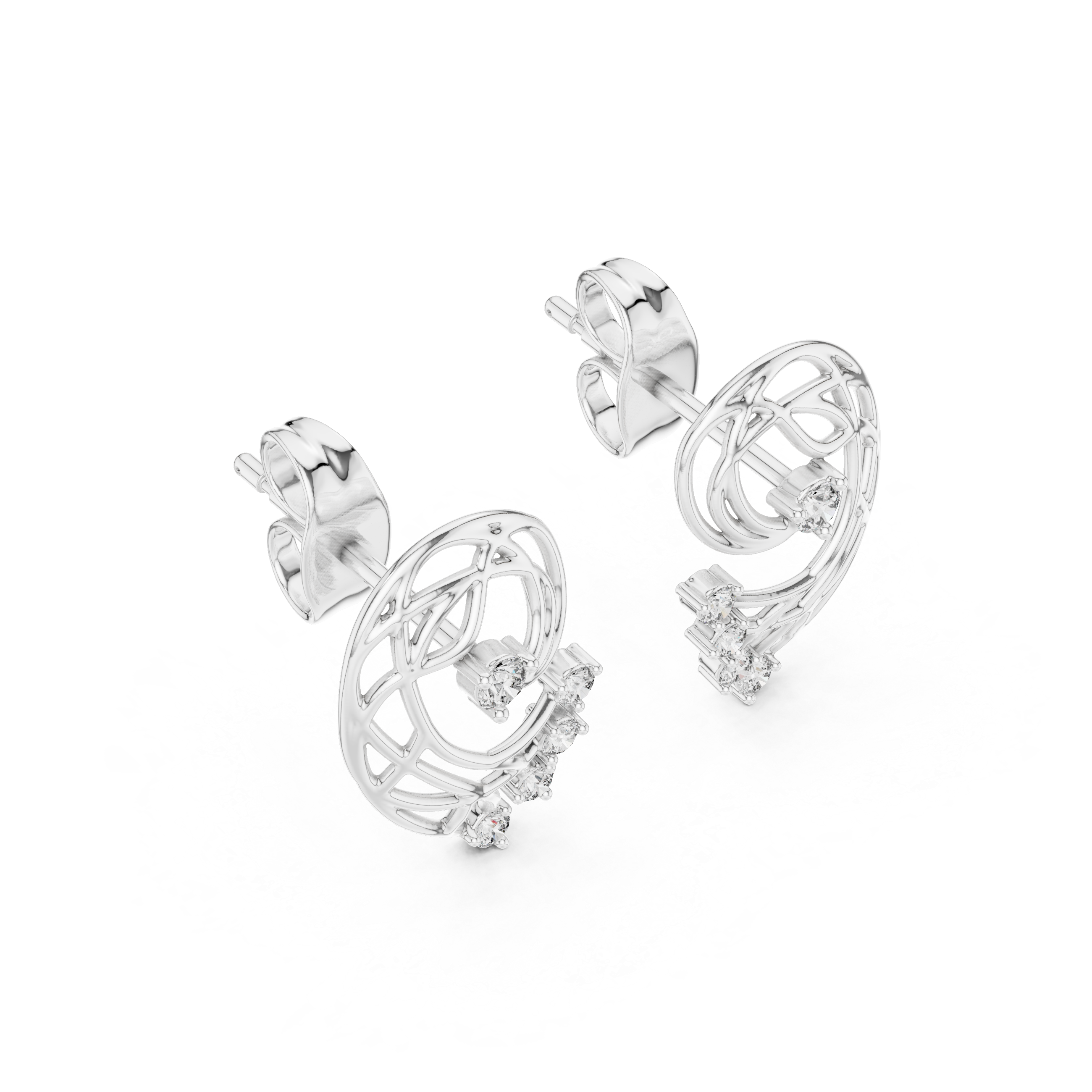 Abstract Swirl Diamond Stud Earrings with Openwork Gold Design