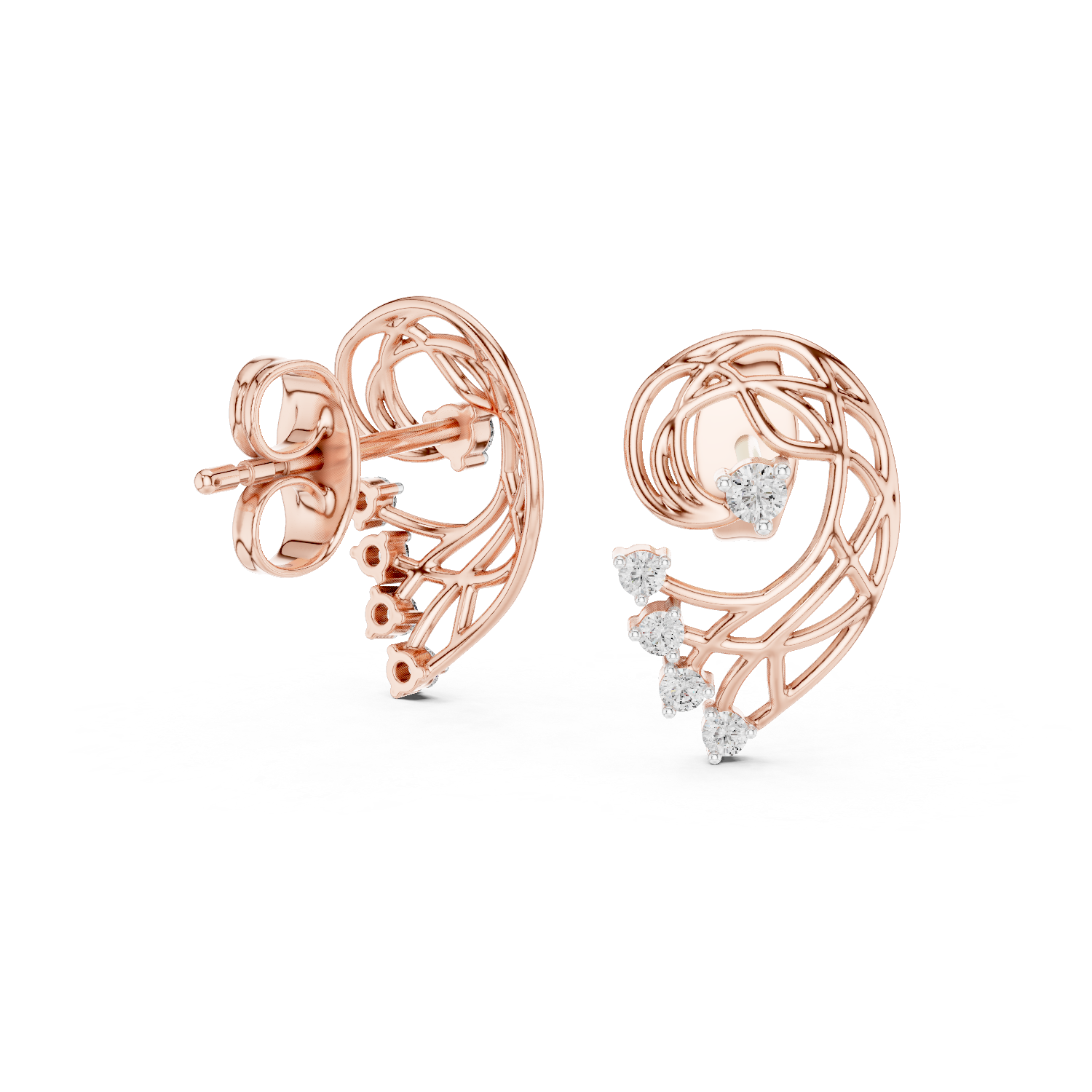 Abstract Swirl Diamond Stud Earrings with Openwork Gold Design