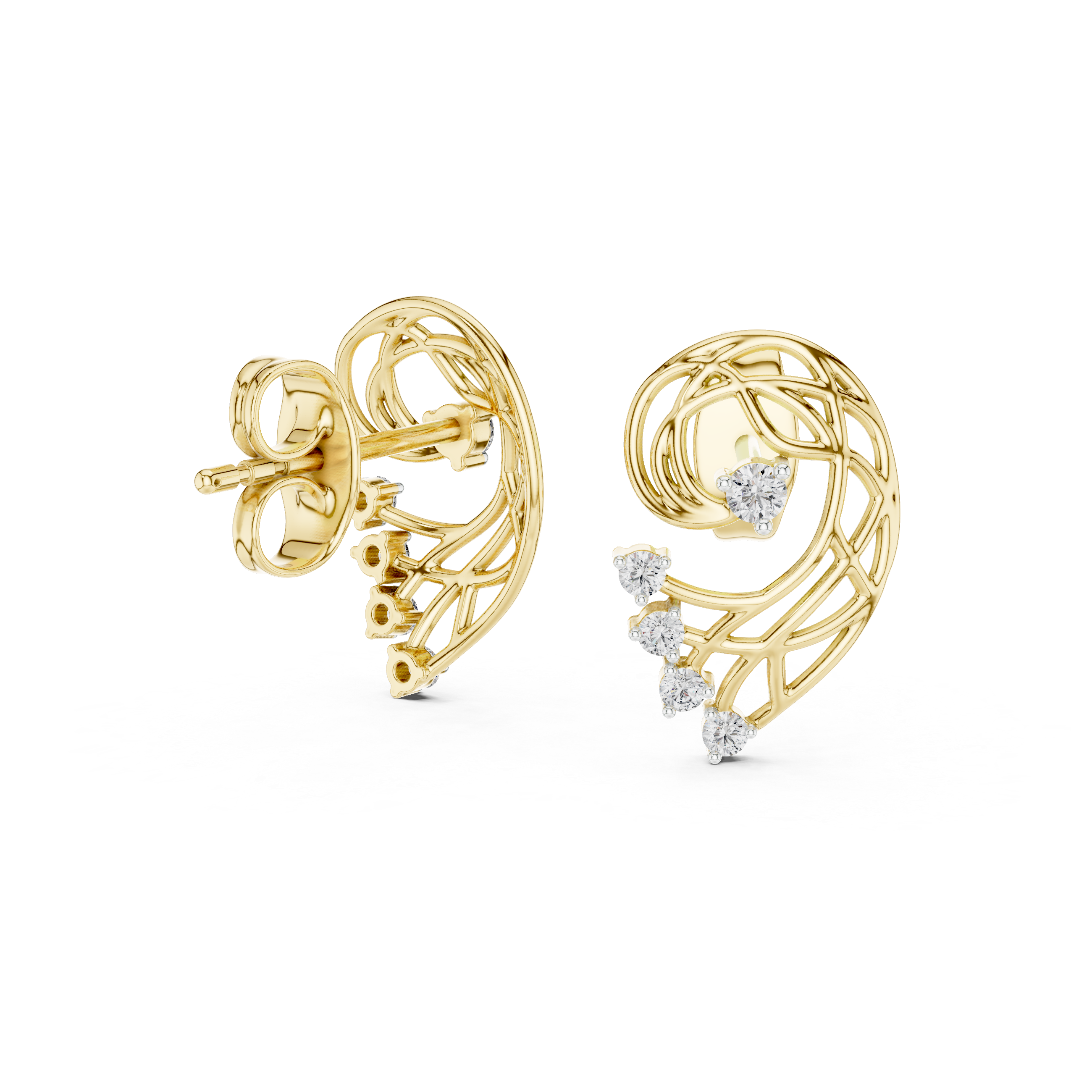 Abstract Swirl Diamond Stud Earrings with Openwork Gold Design
