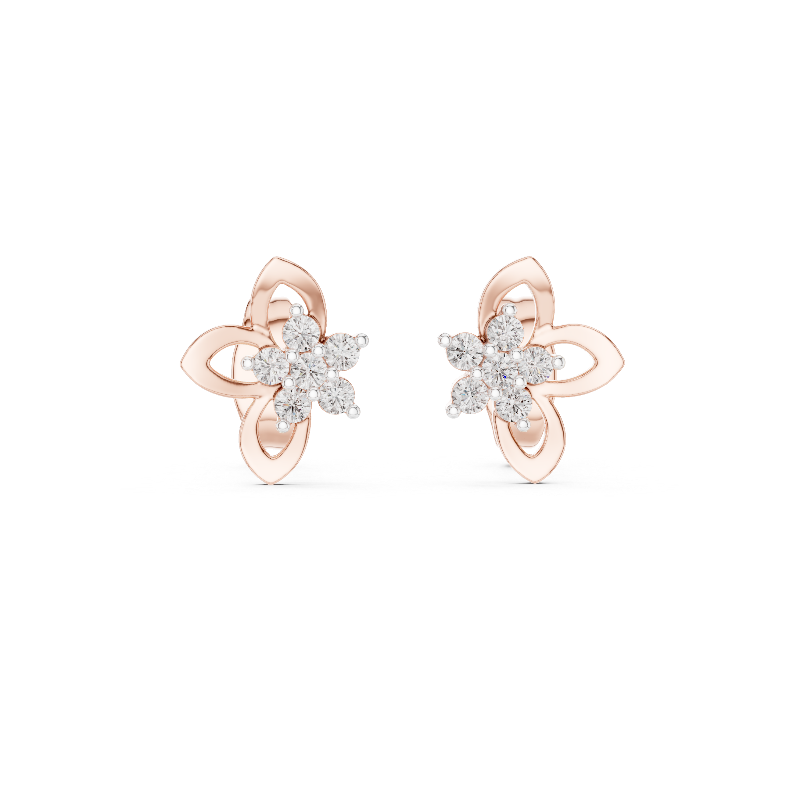 Floral Cluster Diamond Stud Earrings with Open Petal Gold Design