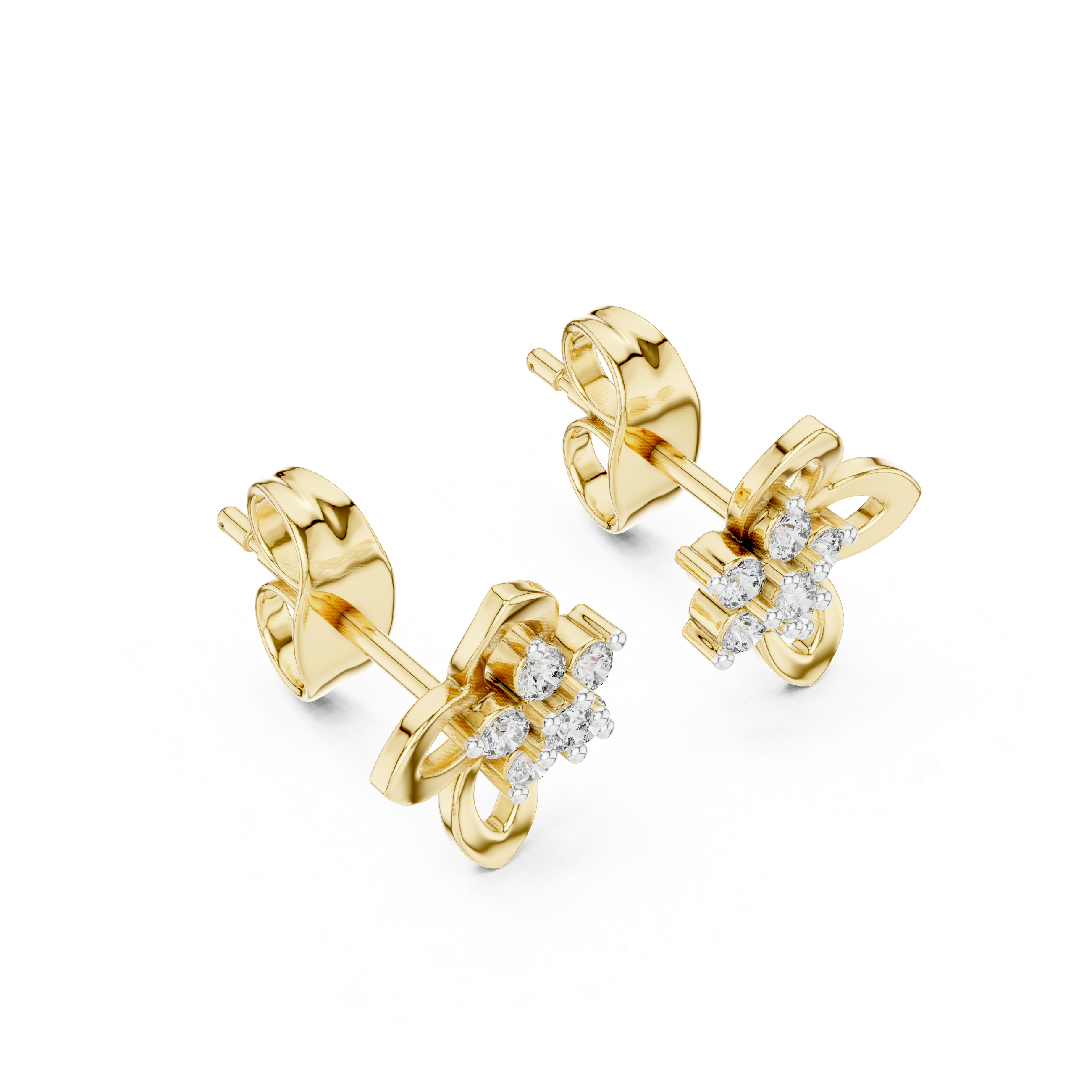 Floral Cluster Diamond Stud Earrings with Open Petal Gold Design