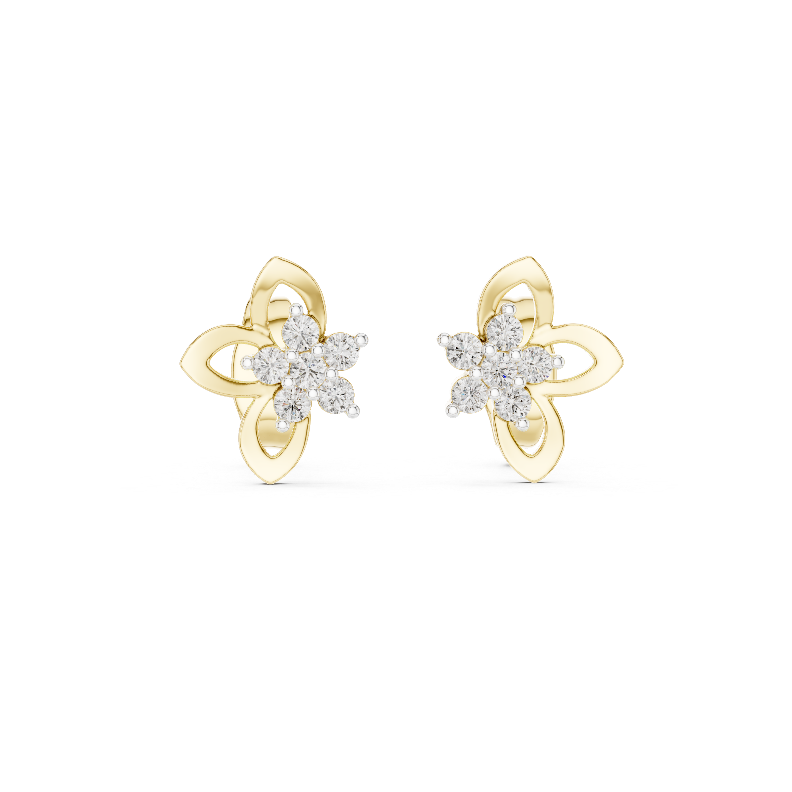Floral Cluster Diamond Stud Earrings with Open Petal Gold Design