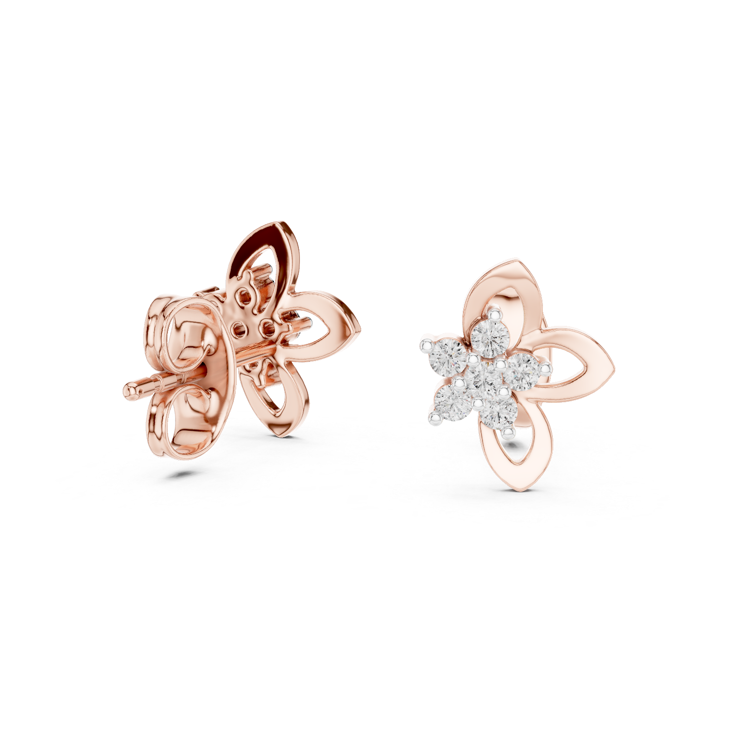 Floral Cluster Diamond Stud Earrings with Open Petal Gold Design