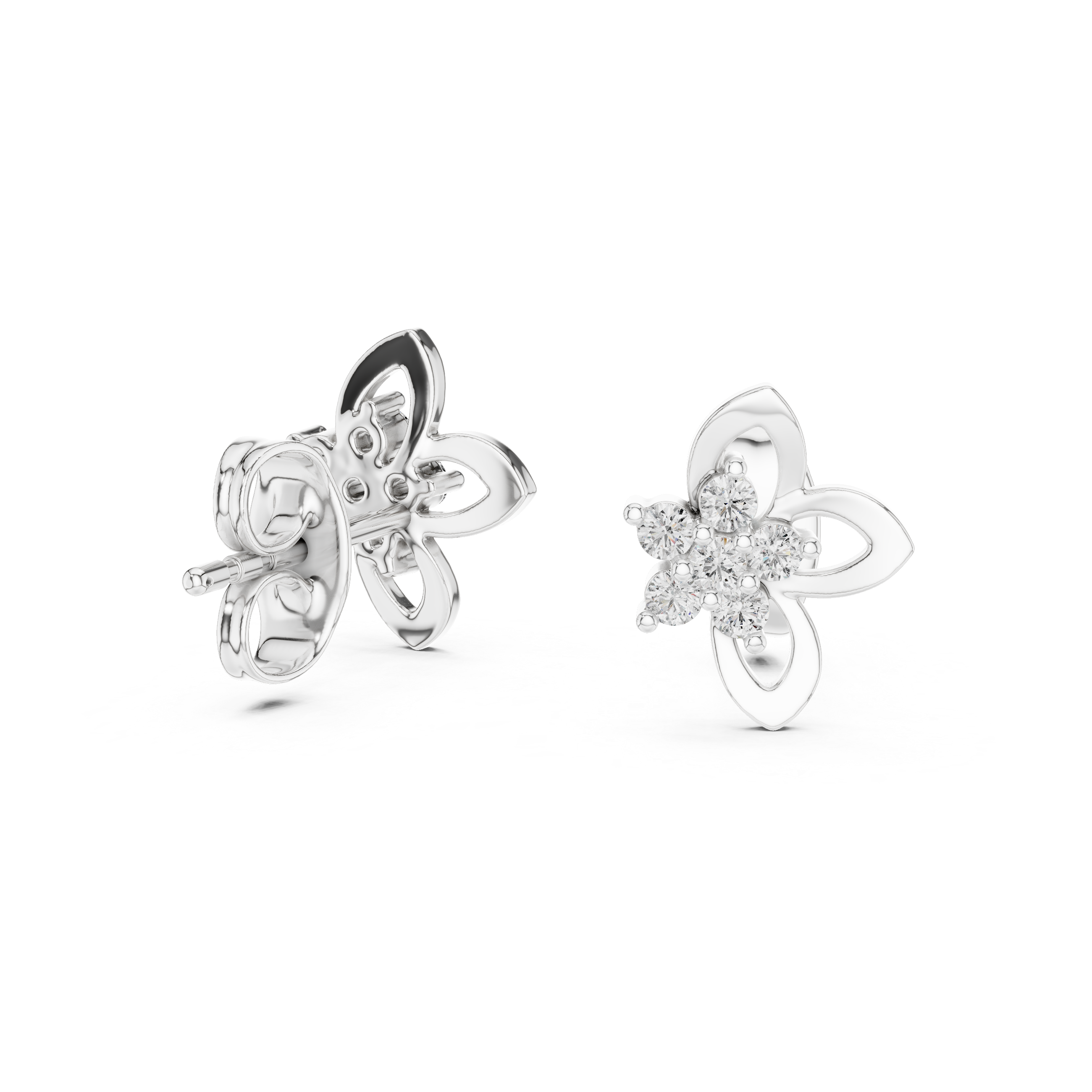 Floral Cluster Diamond Stud Earrings with Open Petal Gold Design