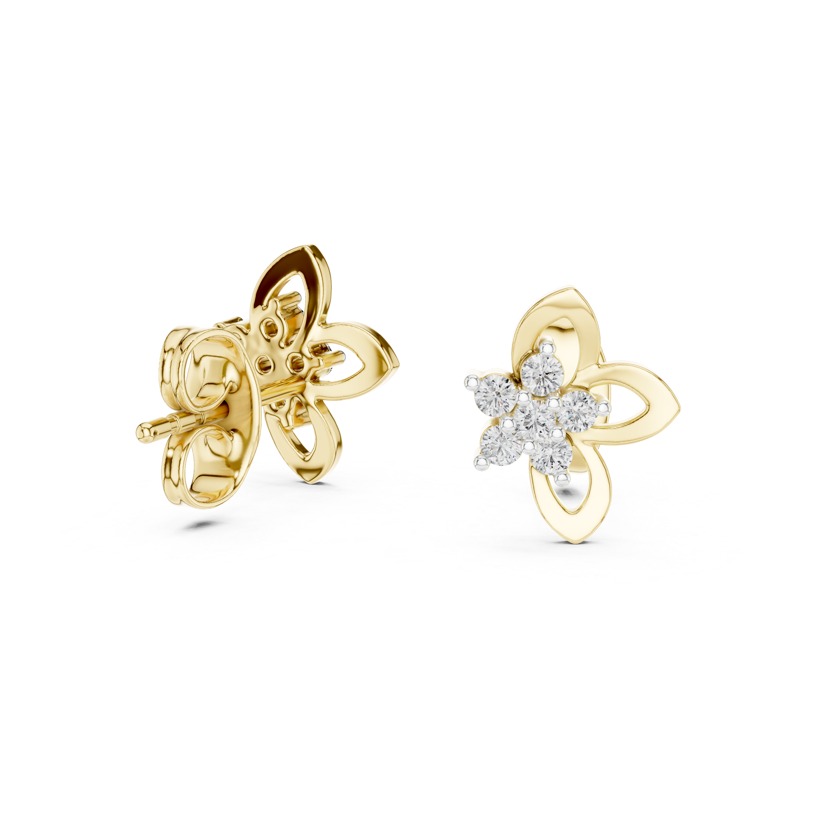Floral Cluster Diamond Stud Earrings with Open Petal Gold Design