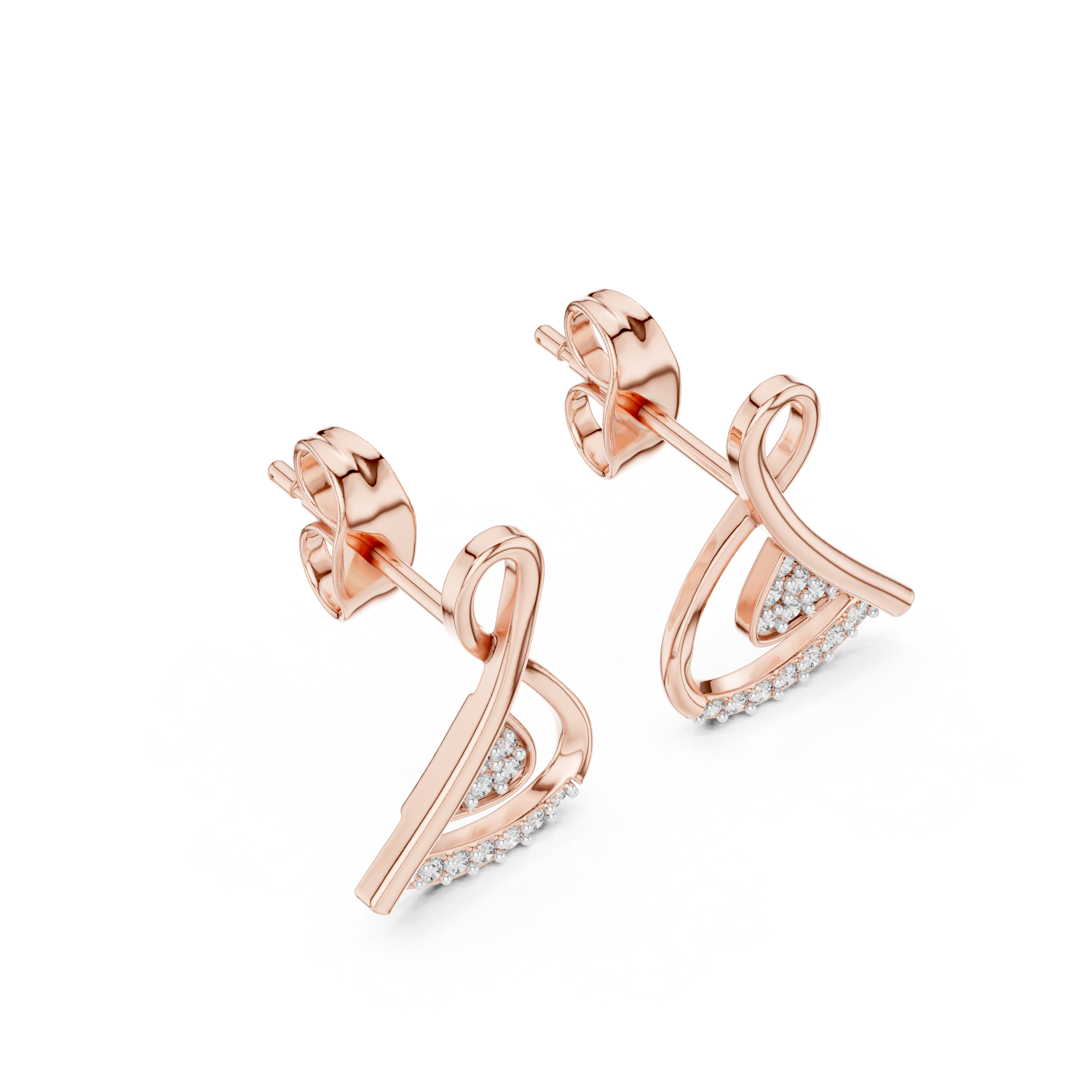 Twisted Ribbon Diamond Stud Earrings with Pavé Curve Accent