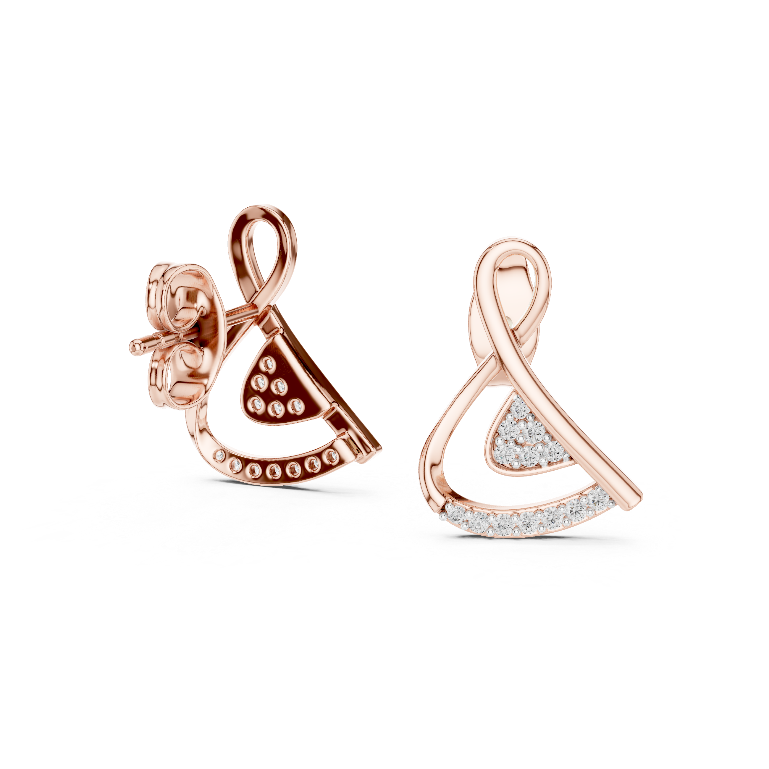 Twisted Ribbon Diamond Stud Earrings with Pavé Curve Accent