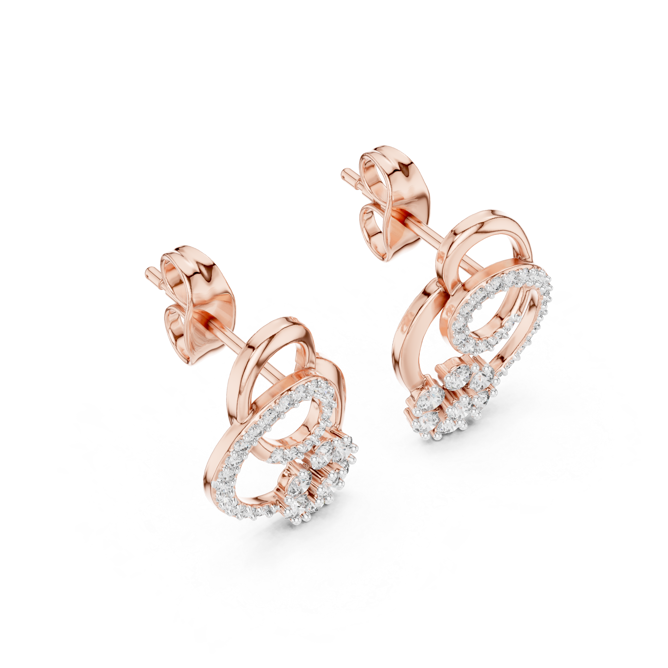 Interlocking Circle Diamond Stud Earrings with Floral Cluster Accent