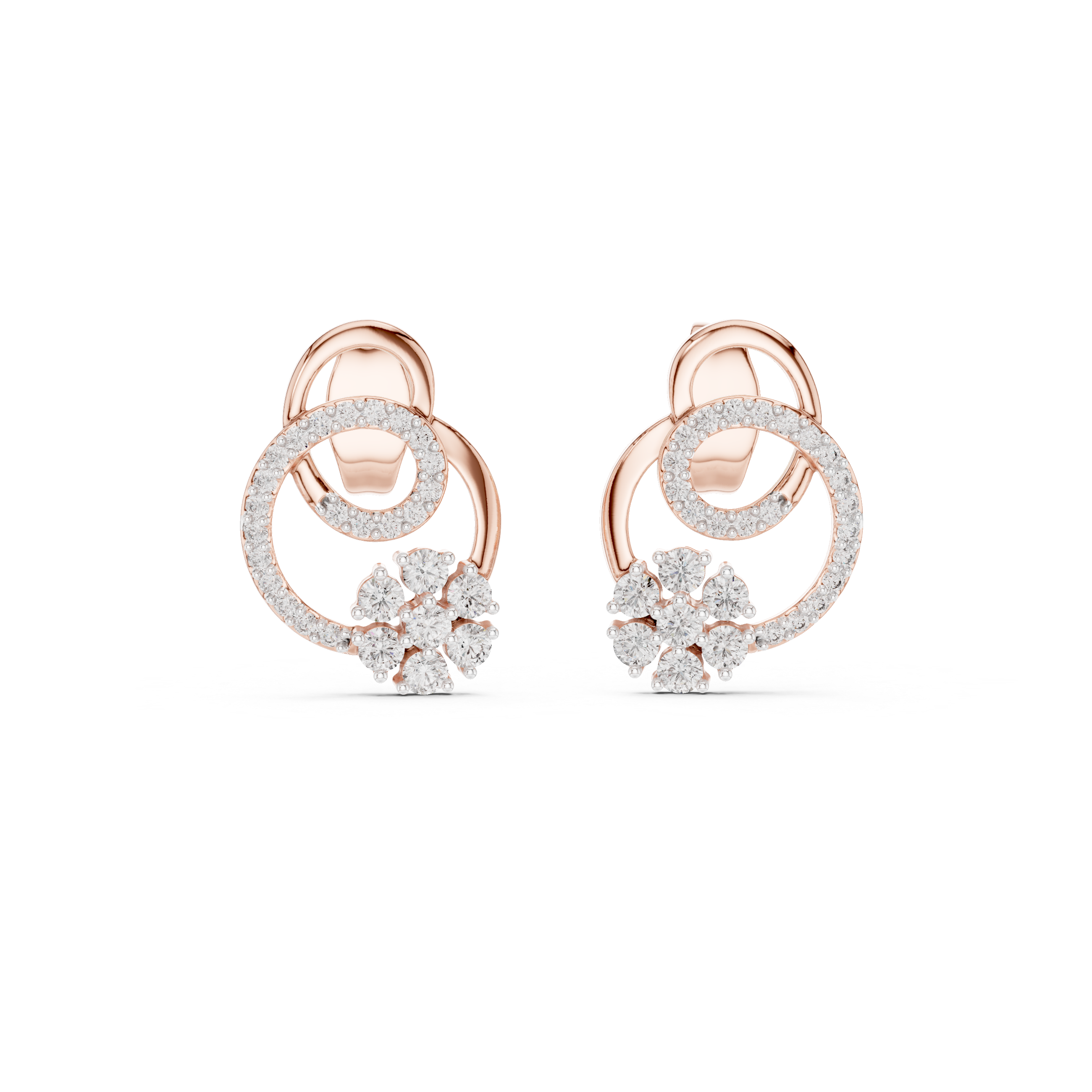 Interlocking Circle Diamond Stud Earrings with Floral Cluster Accent