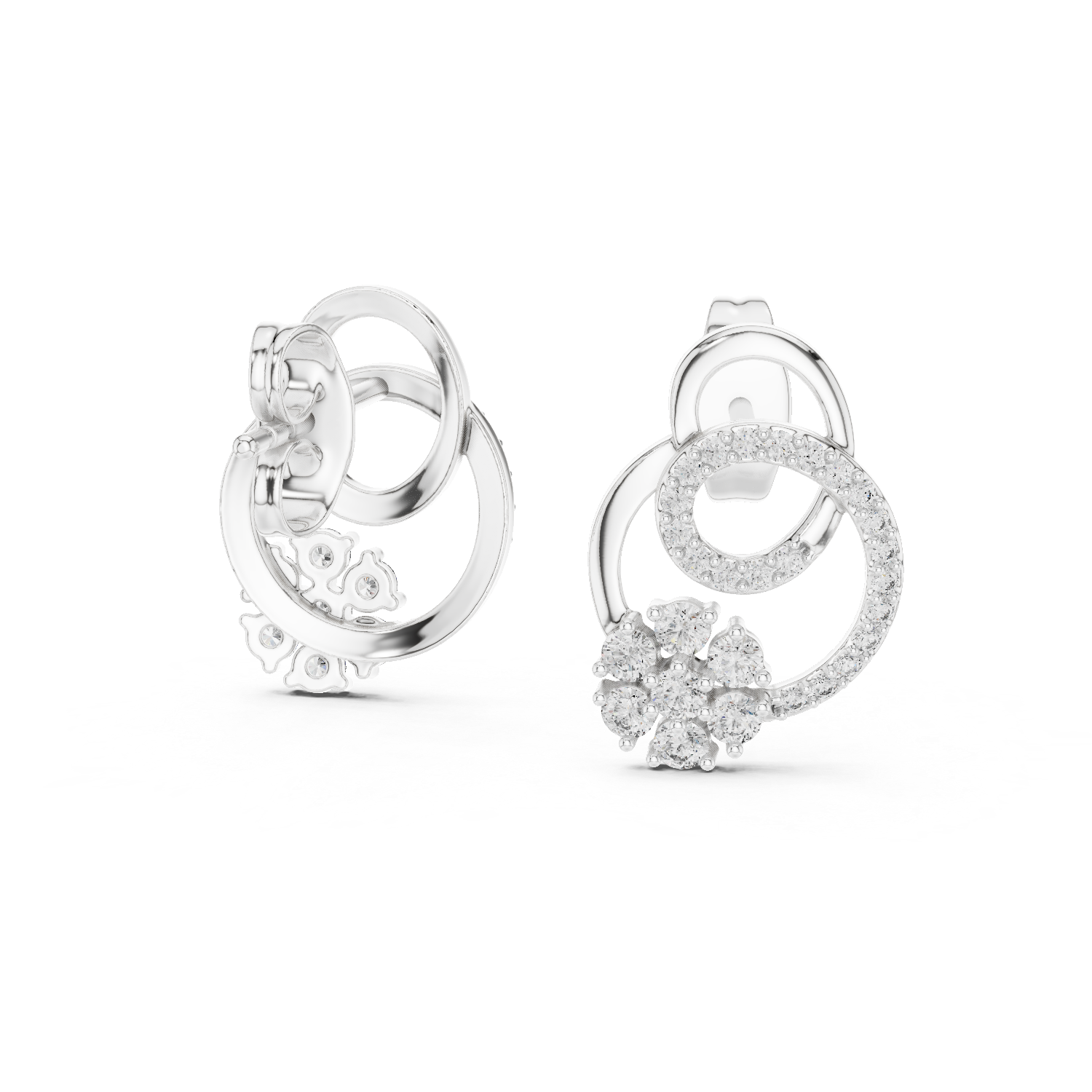Interlocking Circle Diamond Stud Earrings with Floral Cluster Accent