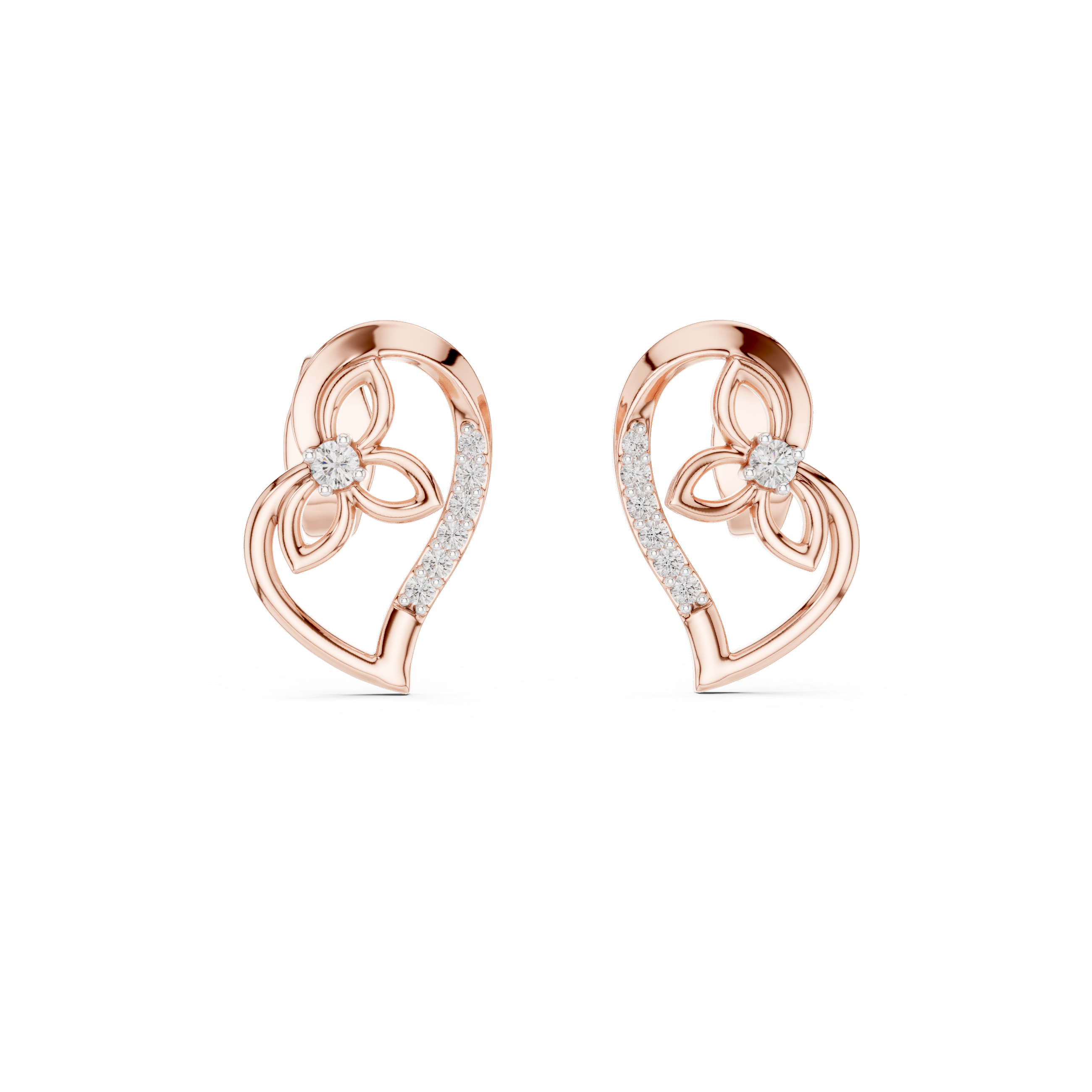 Heart Motif Diamond Stud Earrings – Floral Accent Design
