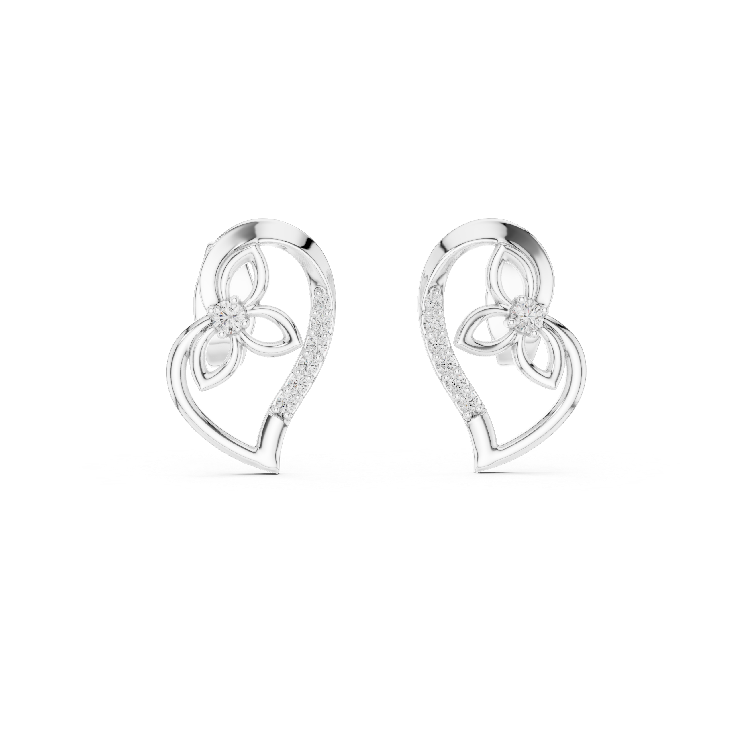 Heart Motif Diamond Stud Earrings – Floral Accent Design