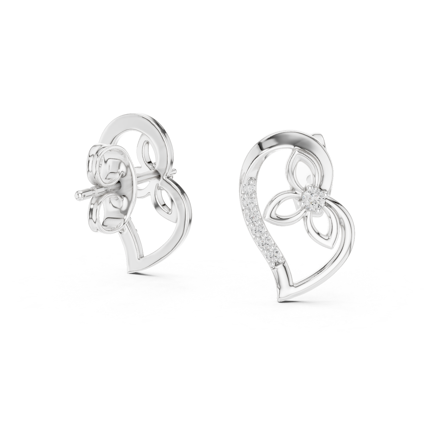 Heart Motif Diamond Stud Earrings – Floral Accent Design