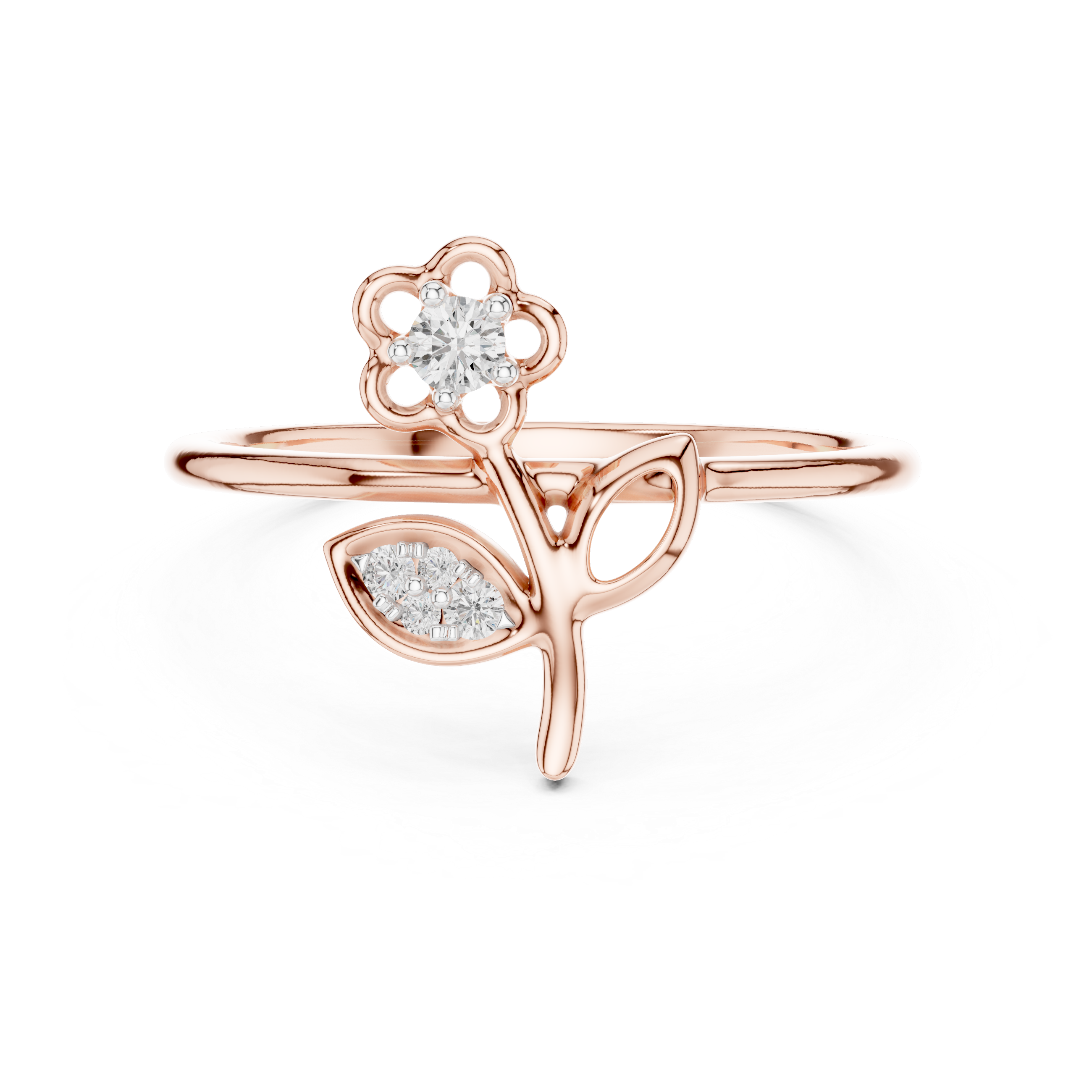 Diamond Flower & Leaf Open Design Ring